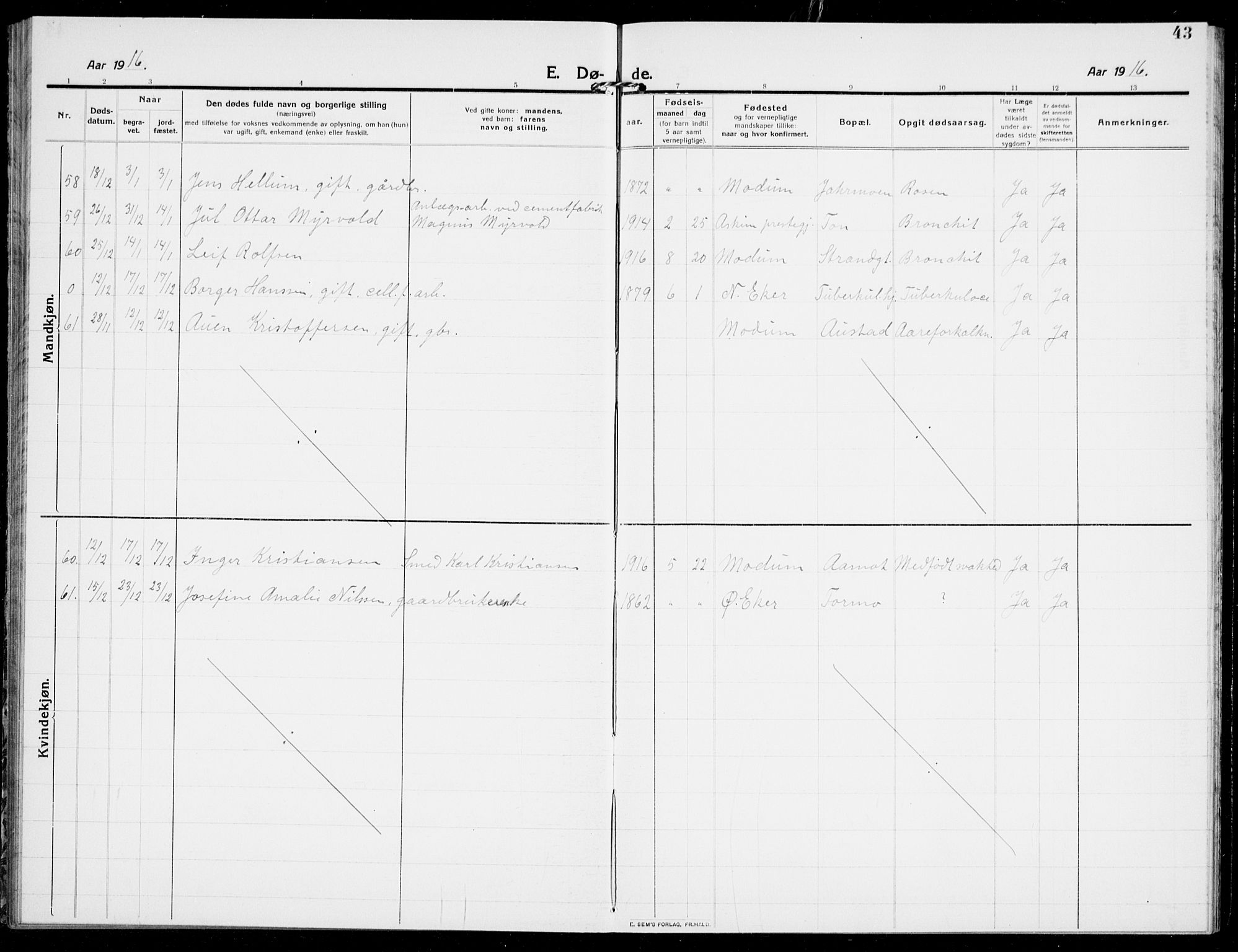 Modum kirkebøker, AV/SAKO-A-234/G/Ga/L0011: Klokkerbok nr. I 11, 1910-1925, s. 43