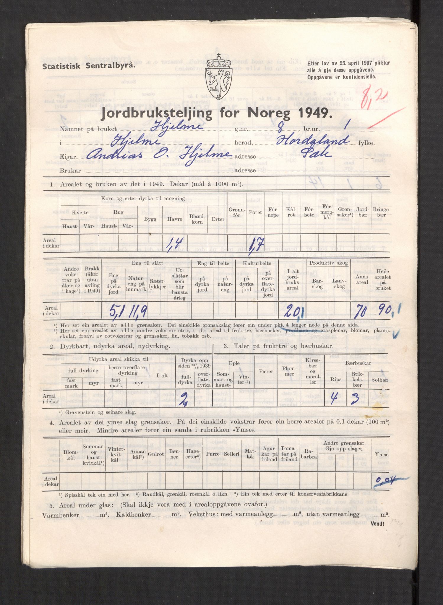 Statistisk sentralbyrå, Næringsøkonomiske emner, Jordbruk, skogbruk, jakt, fiske og fangst, AV/RA-S-2234/G/Gc/L0276: Hordaland: Herdla og Hjelme, 1949, s. 1316