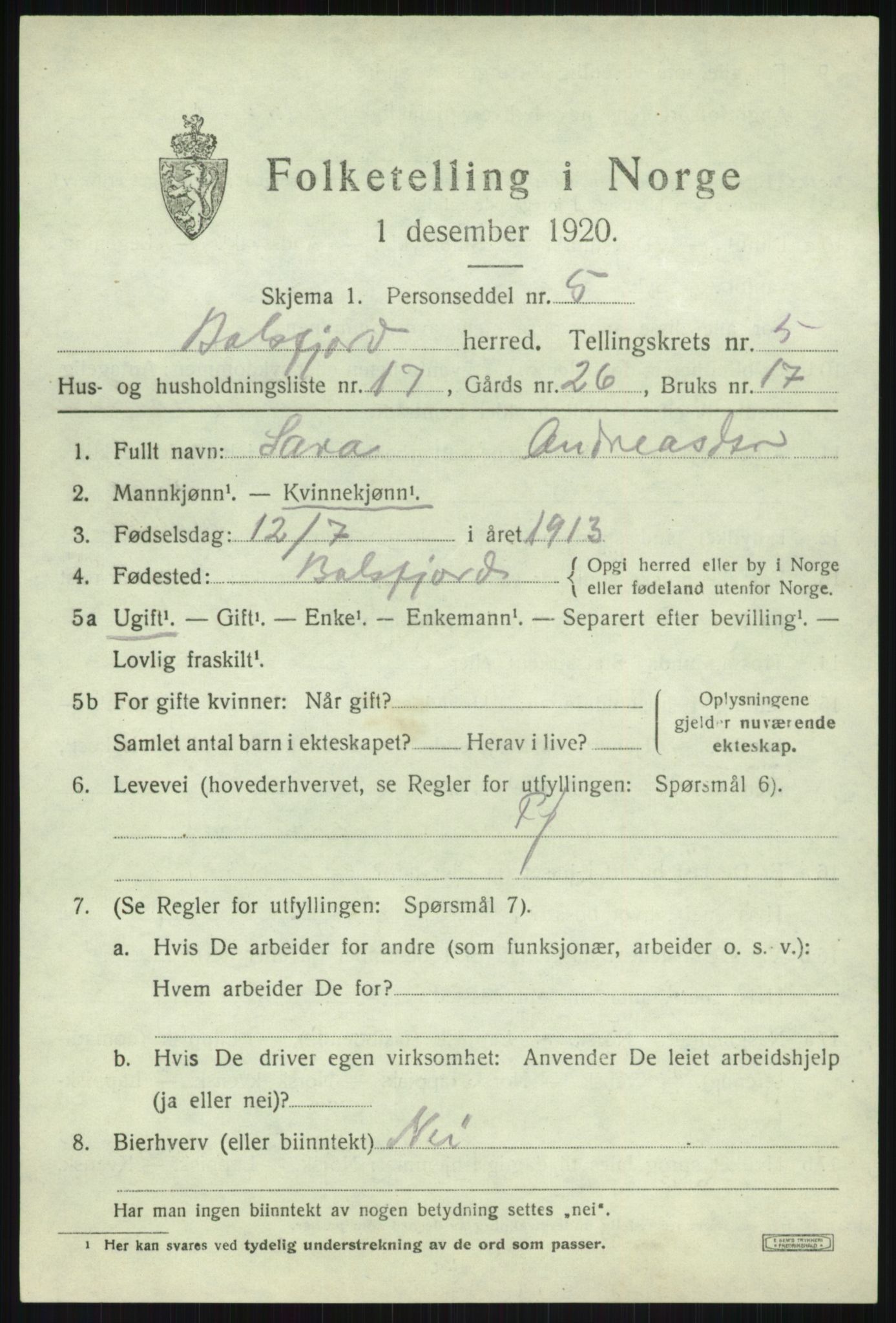SATØ, Folketelling 1920 for 1933 Balsfjord herred, 1920, s. 3318