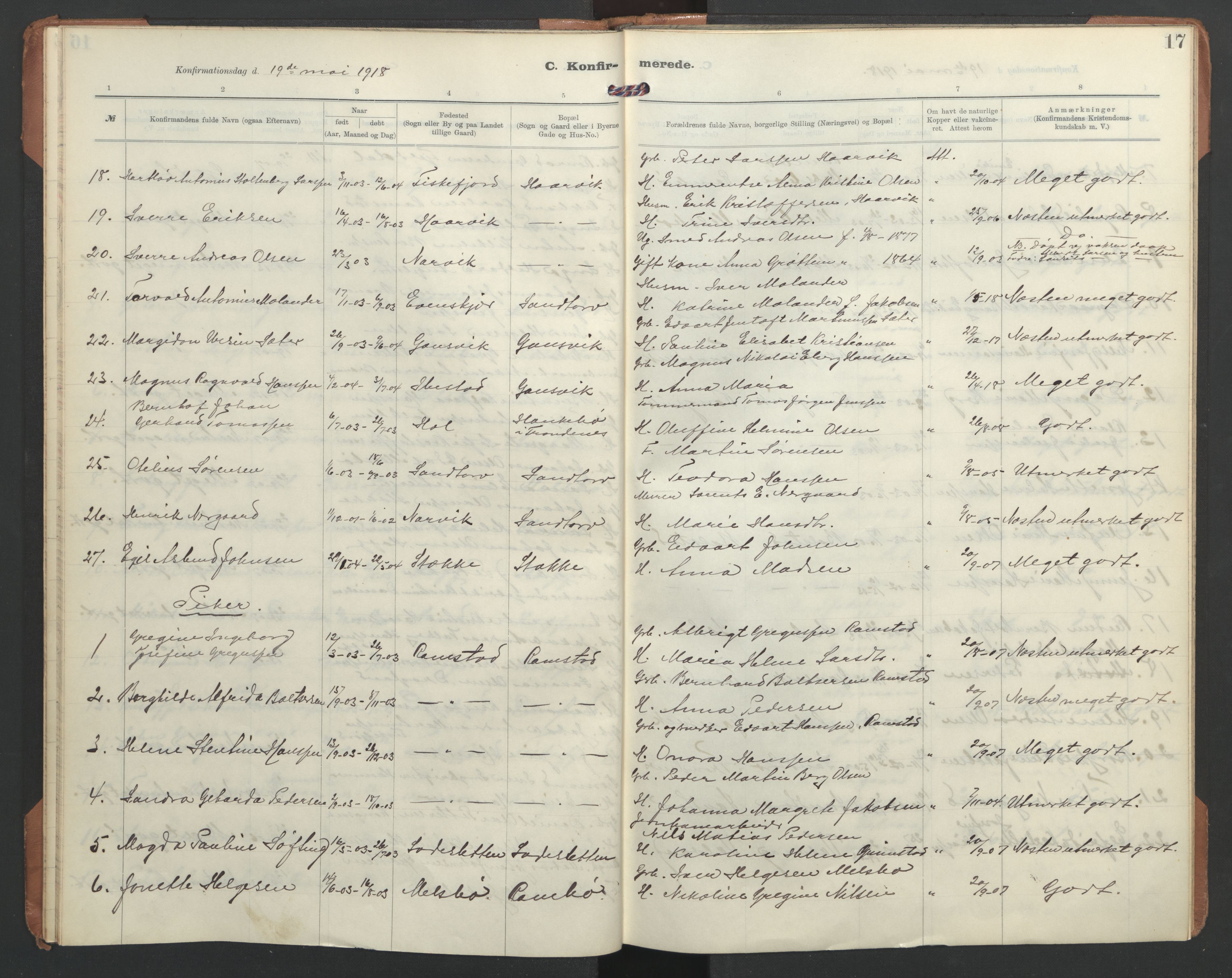Ministerialprotokoller, klokkerbøker og fødselsregistre - Nordland, AV/SAT-A-1459/865/L0934: Klokkerbok nr. 865C06, 1911-1942, s. 17
