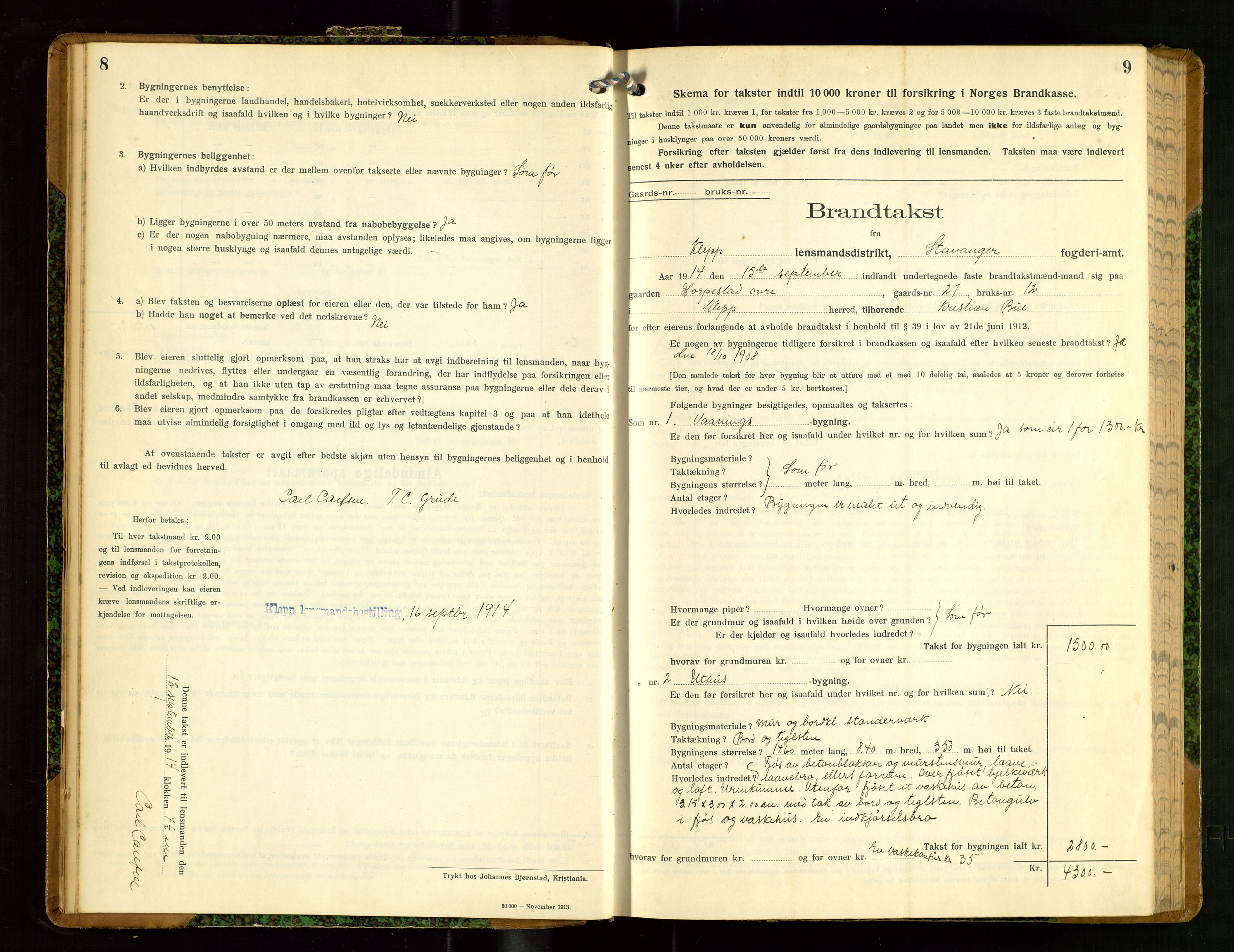 Klepp lensmannskontor, SAST/A-100163/Goc/L0008: "Brandtakstprotokol" m/register, 1914-1917, s. 8-9