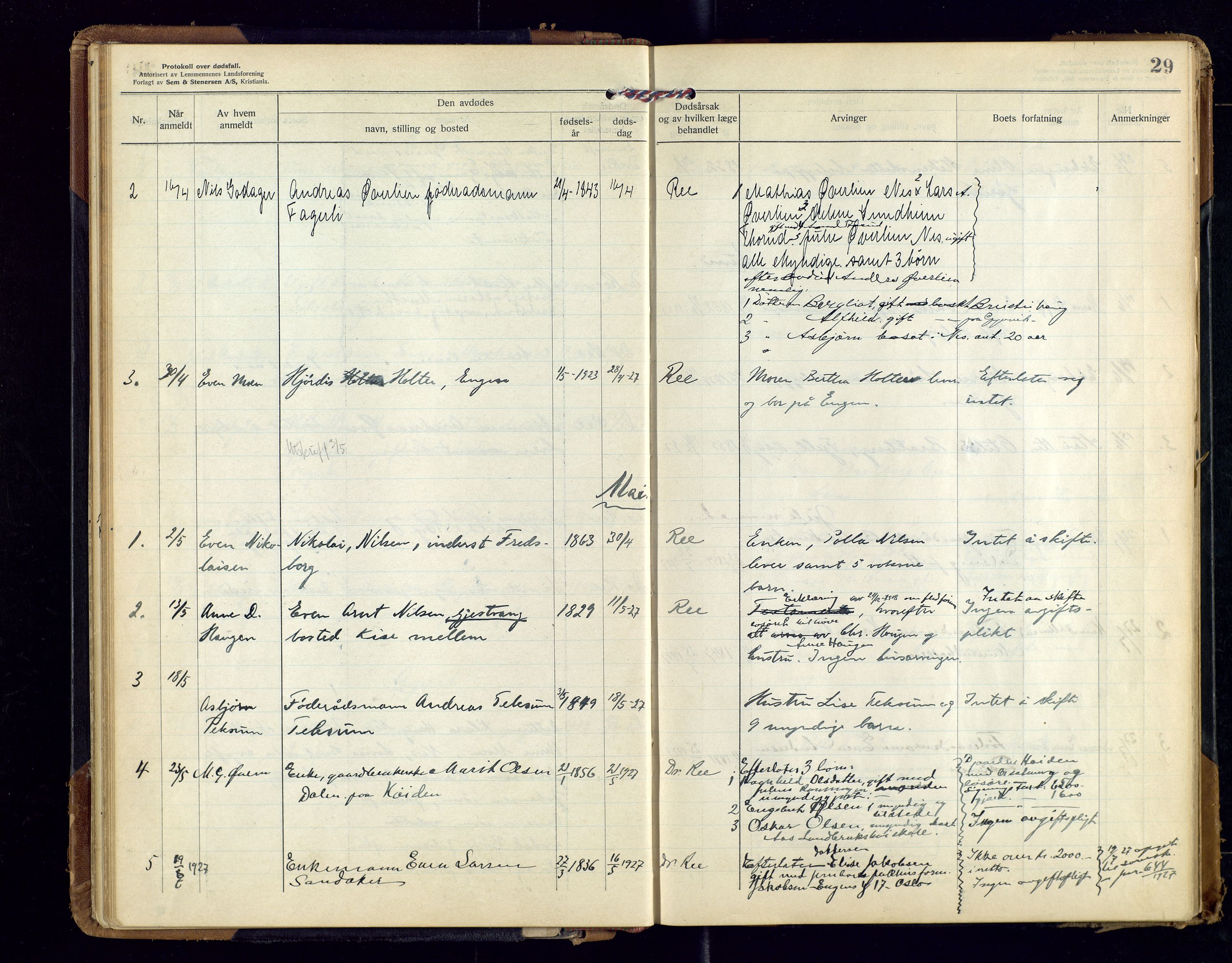 Nes, Hedmark, lensmannskontor, AV/SAH-LHB-008/H/Ha/L0001: Dødsfallsprotokoll, 1923-1948, s. 29
