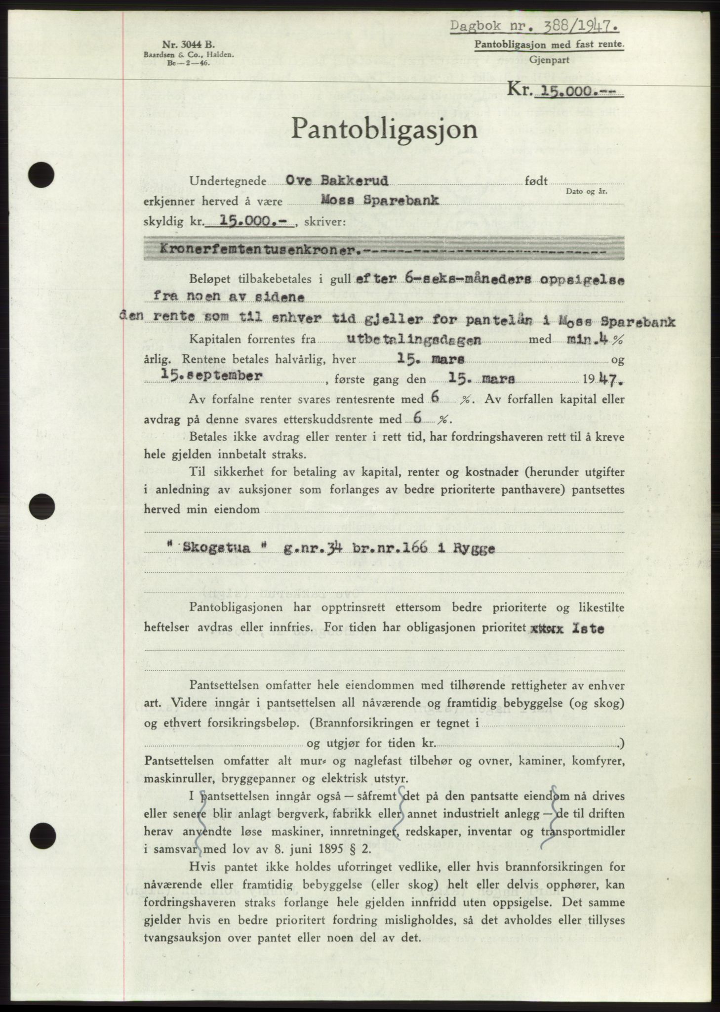 Moss sorenskriveri, SAO/A-10168: Pantebok nr. B16, 1946-1947, Dagboknr: 388/1947