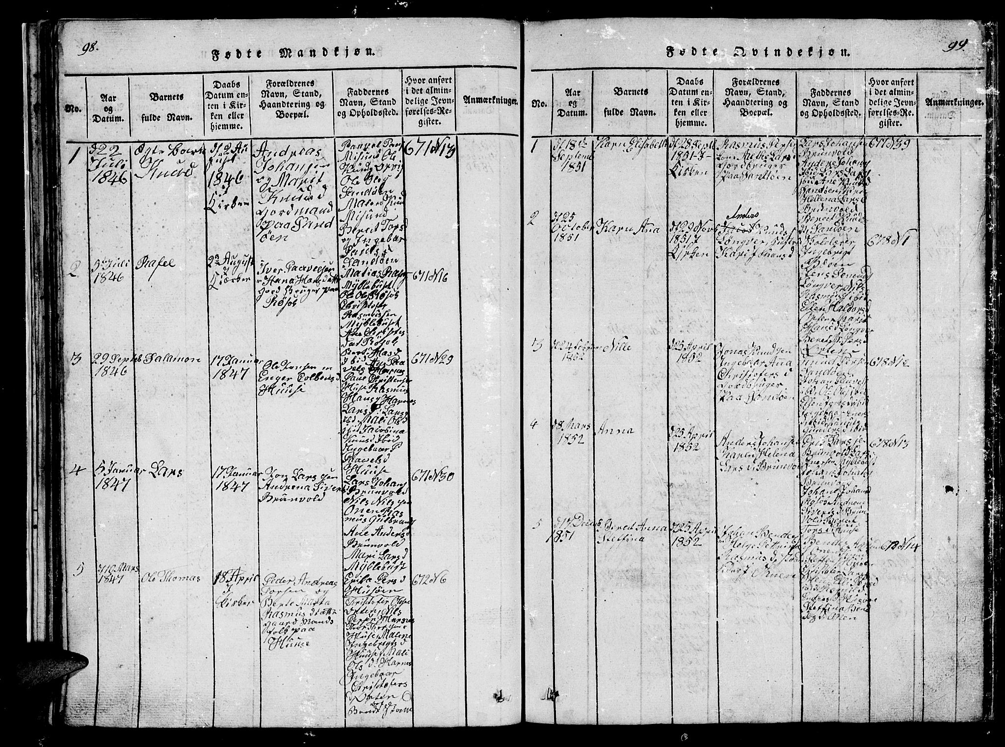 Ministerialprotokoller, klokkerbøker og fødselsregistre - Møre og Romsdal, AV/SAT-A-1454/561/L0731: Klokkerbok nr. 561C01, 1817-1867, s. 98-99