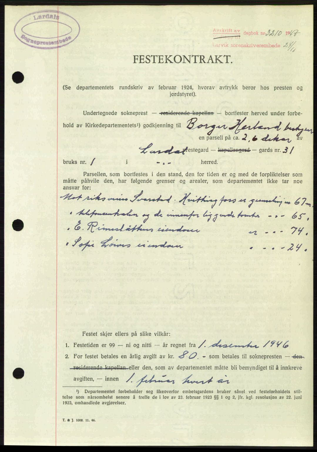 Larvik sorenskriveri, SAKO/A-83/G/Ga/Gab/L0085: Pantebok nr. A-19, 1947-1948, Dagboknr: 3210/1947