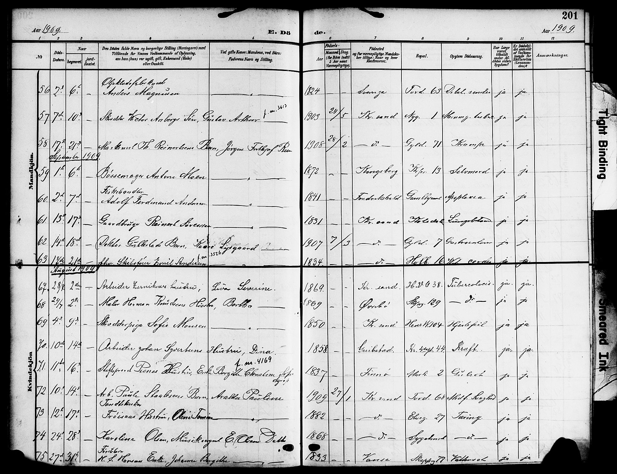 Kristiansand domprosti, AV/SAK-1112-0006/F/Fb/L0020: Klokkerbok nr. B 20, 1906-1915, s. 201