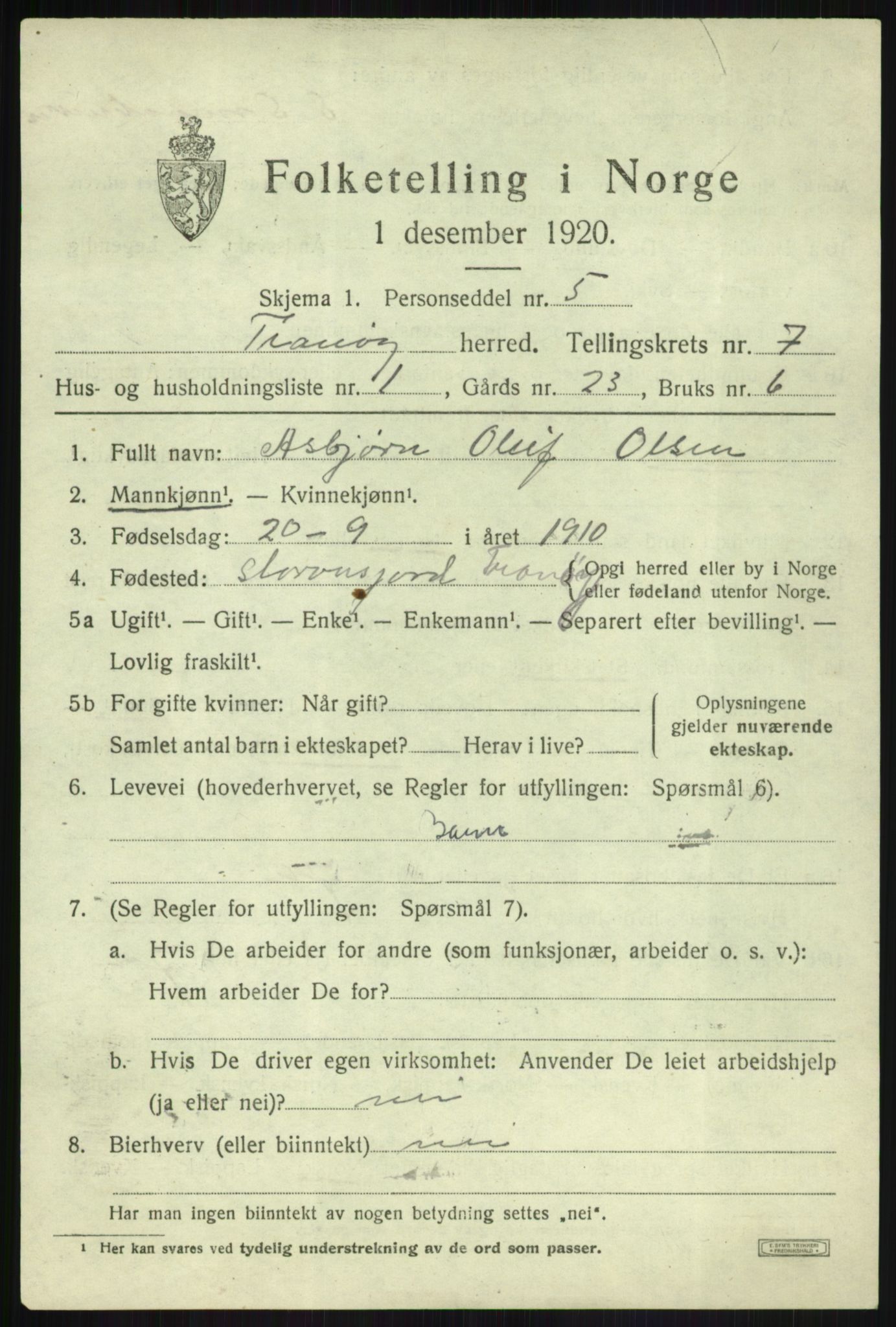 SATØ, Folketelling 1920 for 1927 Tranøy herred, 1920, s. 3375