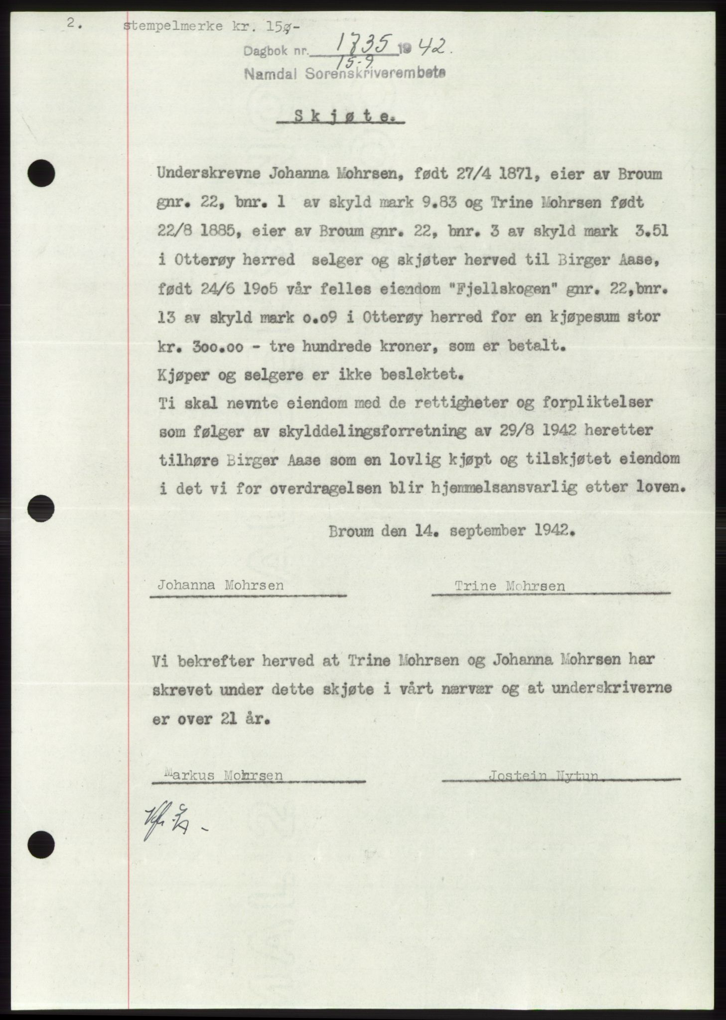 Namdal sorenskriveri, SAT/A-4133/1/2/2C: Pantebok nr. -, 1942-1943, Dagboknr: 1735/1942