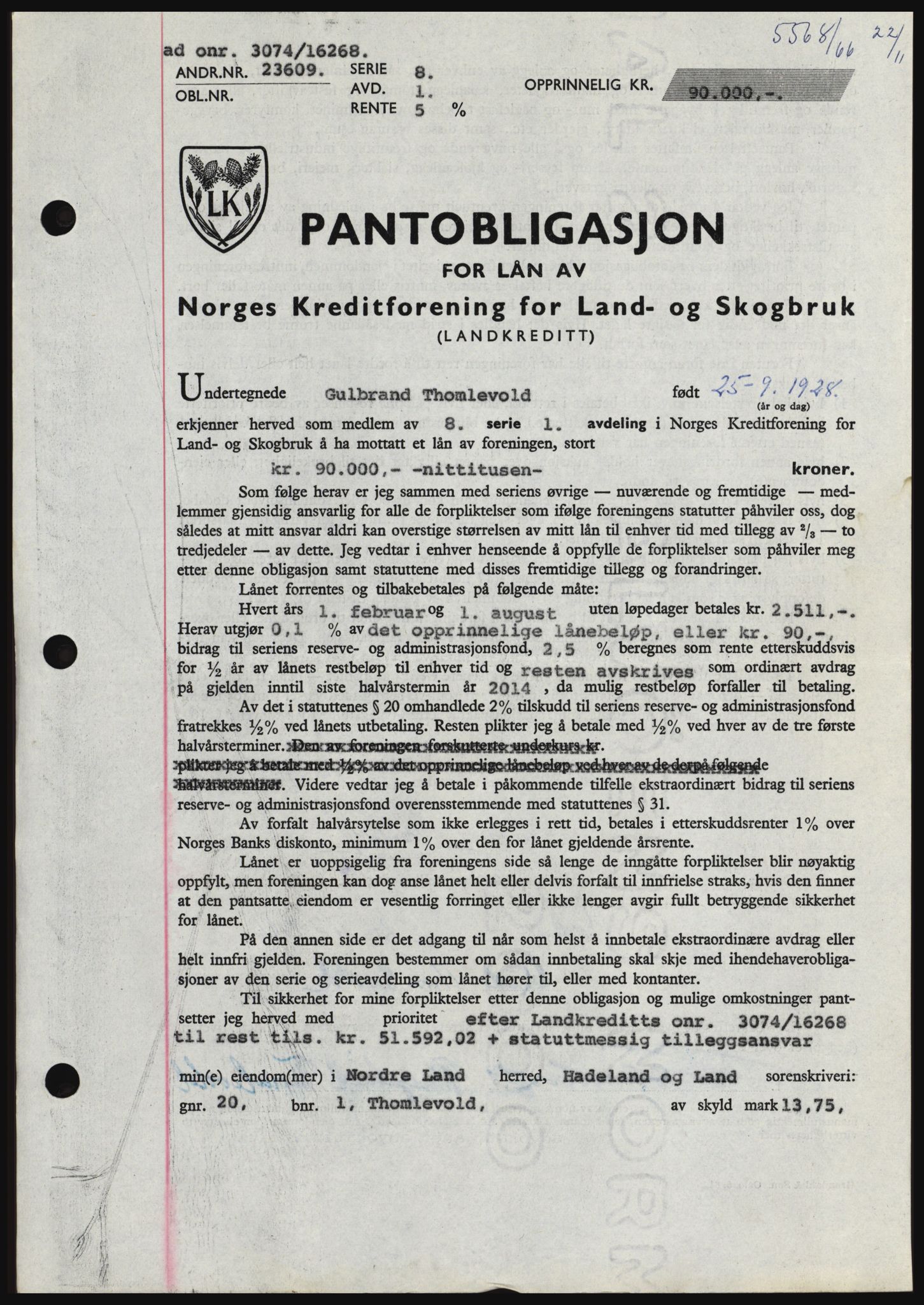 Hadeland og Land tingrett, SAH/TING-010/H/Hb/Hbc/L0064: Pantebok nr. B64, 1966-1966, Dagboknr: 5568/1966