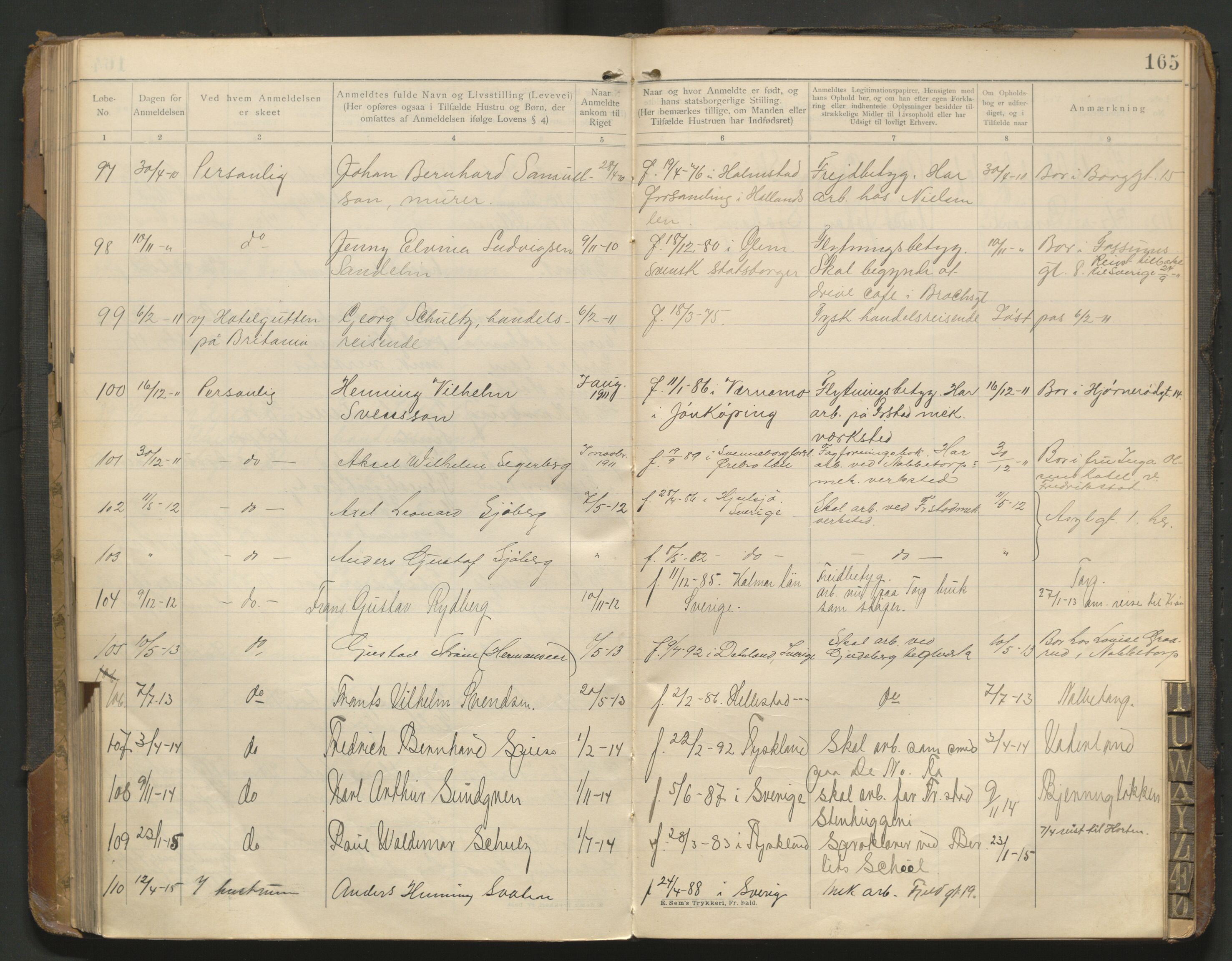 Fredrikstad politikammer, AV/SAO-A-10055/H/Hb/Hba/L0001: Protokoll over fremmede statsborgere, 1901-1916, s. 164b-165a