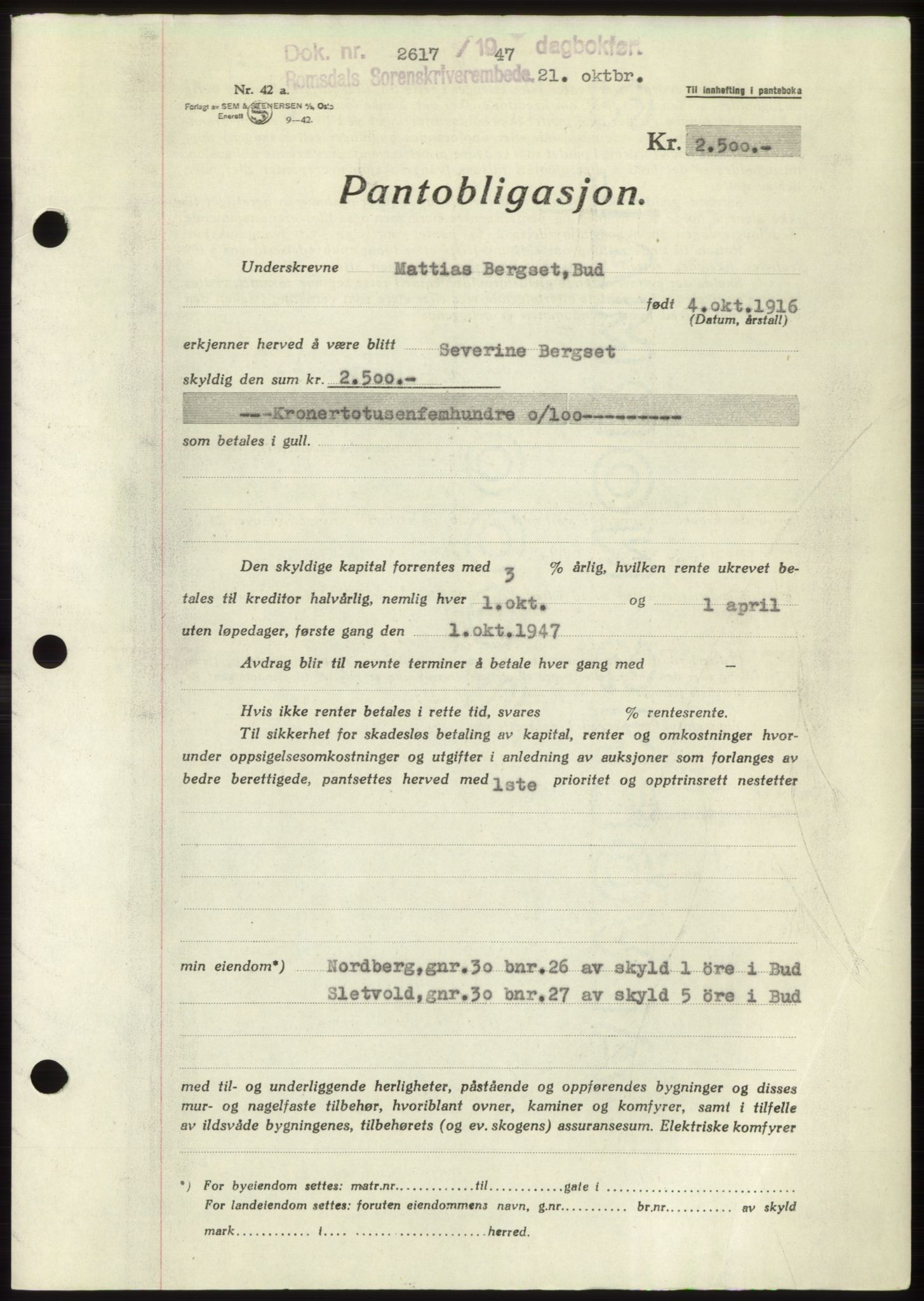 Romsdal sorenskriveri, SAT/A-4149/1/2/2C: Pantebok nr. B3, 1946-1948, Dagboknr: 2617/1947