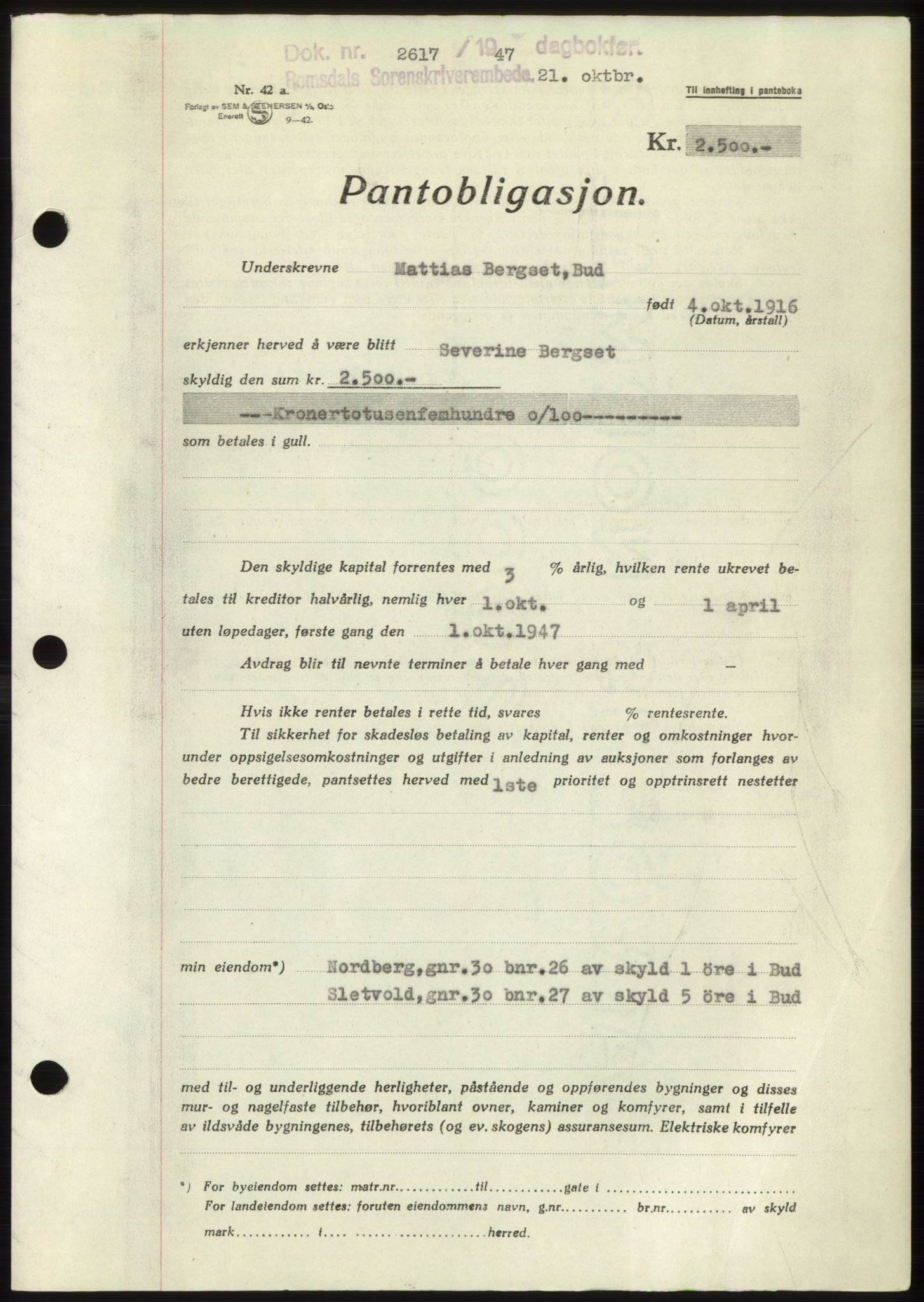 Romsdal sorenskriveri, AV/SAT-A-4149/1/2/2C: Pantebok nr. B3, 1946-1948, Dagboknr: 2617/1947