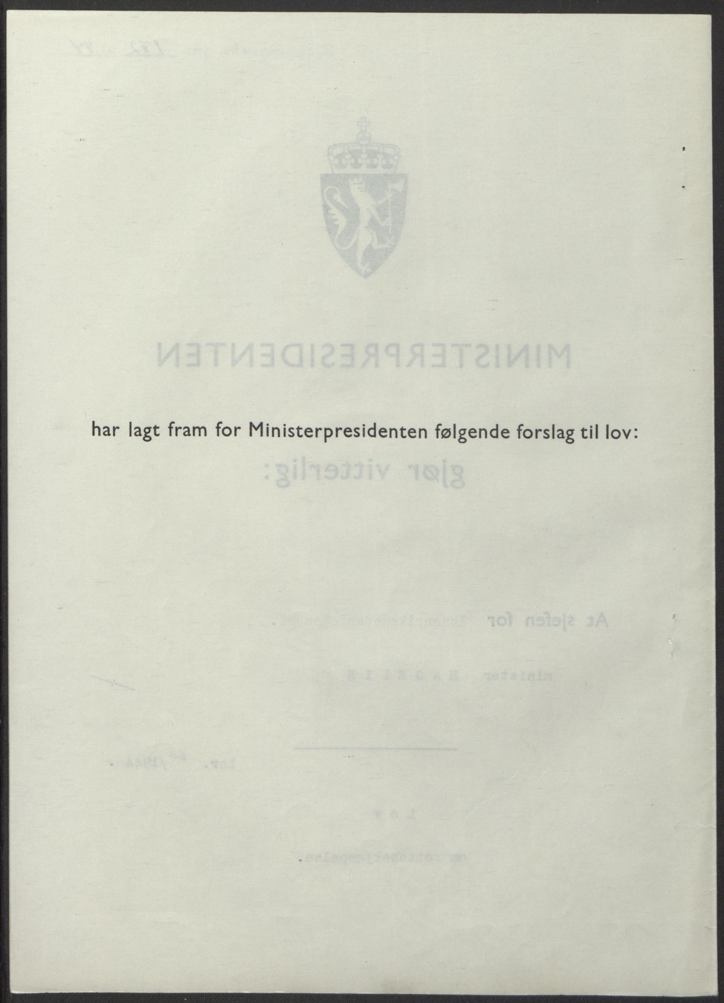 NS-administrasjonen 1940-1945 (Statsrådsekretariatet, de kommisariske statsråder mm), RA/S-4279/D/Db/L0100: Lover, 1944, s. 281