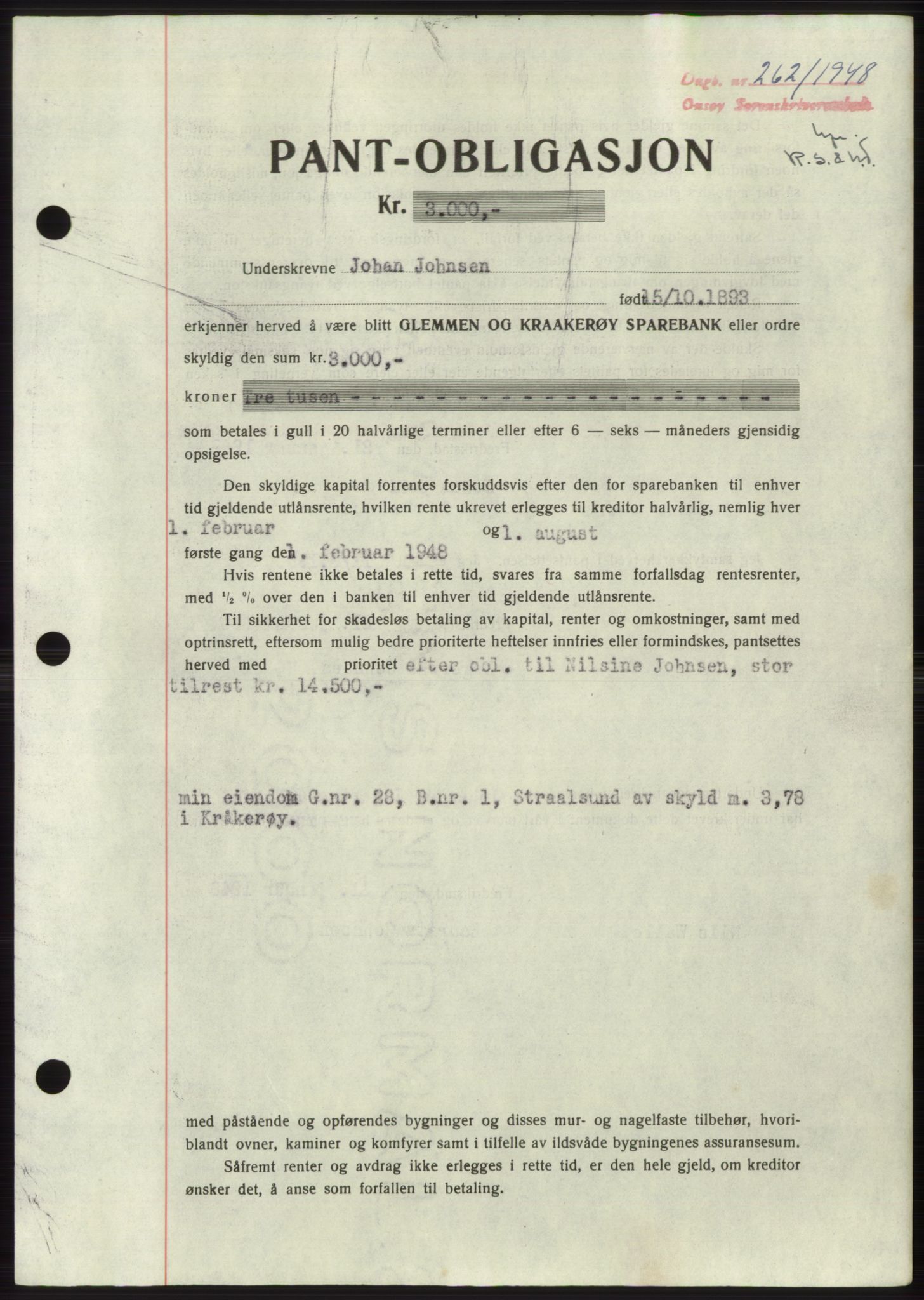 Onsøy sorenskriveri, SAO/A-10474/G/Ga/Gac/L0006: Pantebok nr. B 12-6, 1947-1948, Dagboknr: 262/1948