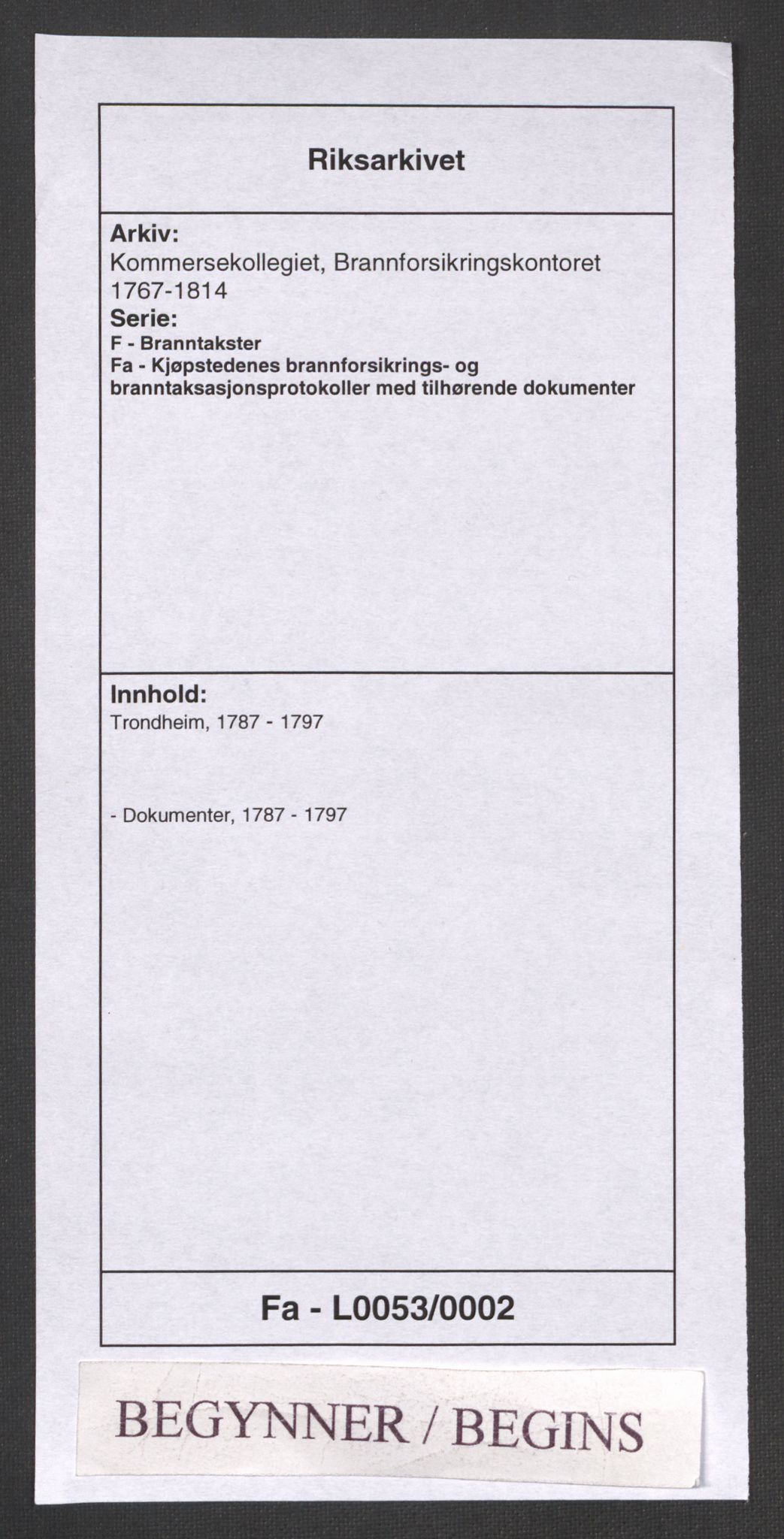 Kommersekollegiet, Brannforsikringskontoret 1767-1814, AV/RA-EA-5458/F/Fa/L0053/0002: Trondheim / Dokumenter, 1787-1797