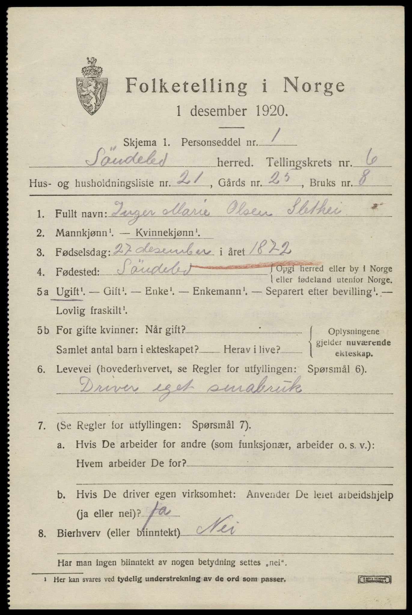 SAK, Folketelling 1920 for 0913 Søndeled herred, 1920, s. 3917