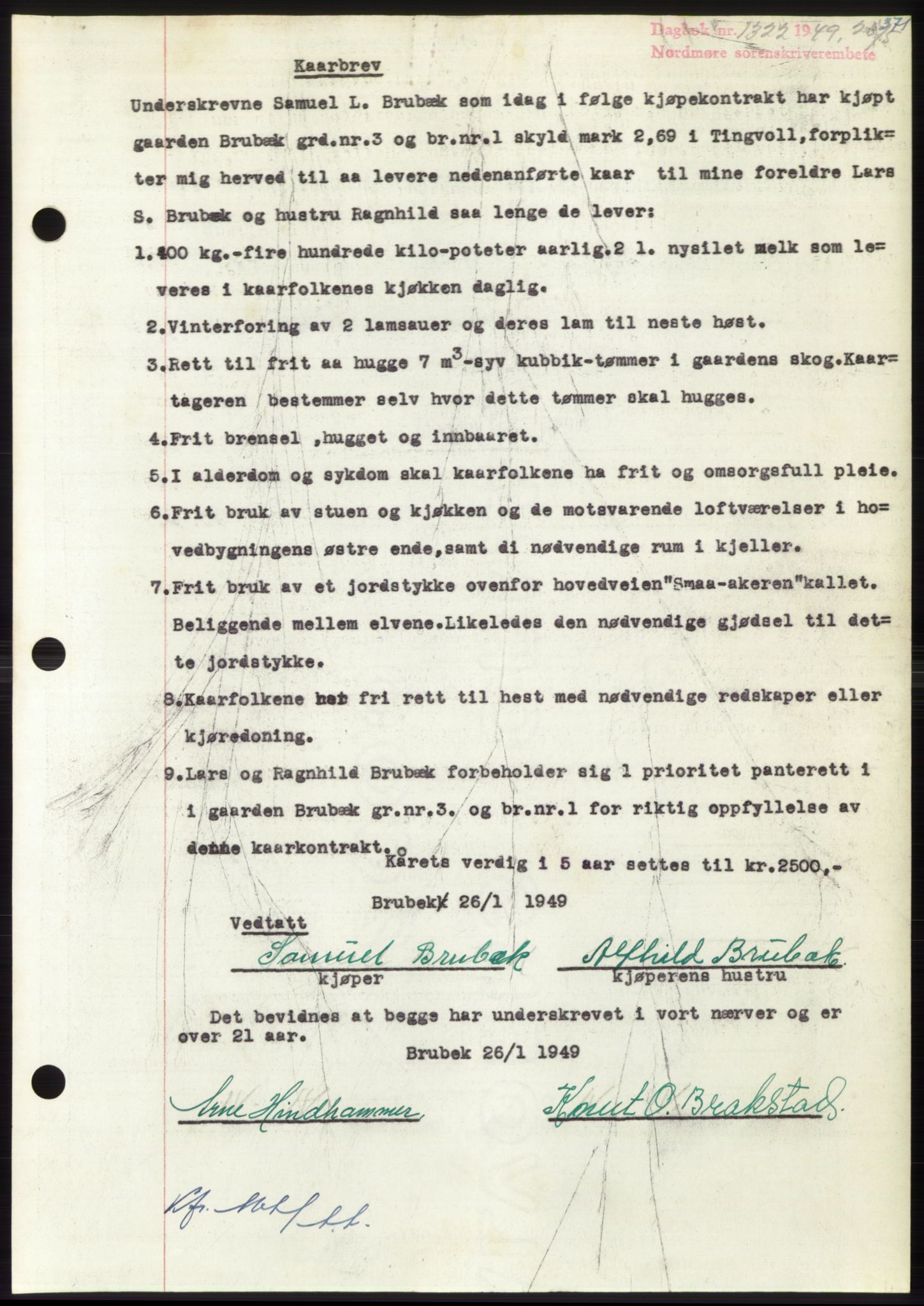 Nordmøre sorenskriveri, SAT/A-4132/1/2/2Ca: Pantebok nr. B101, 1949-1949, Dagboknr: 1322/1949