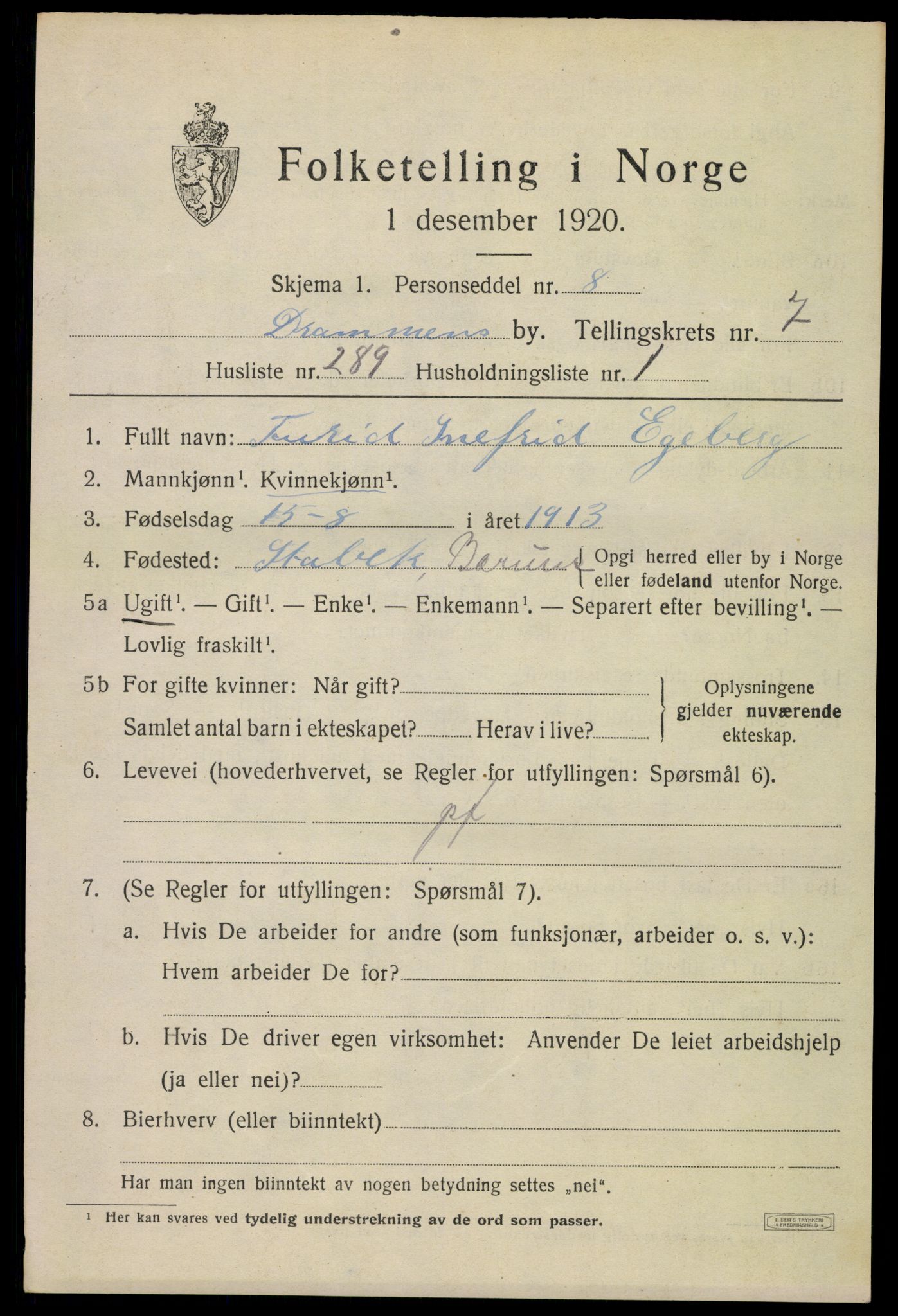 SAKO, Folketelling 1920 for 0602 Drammen kjøpstad, 1920, s. 52693