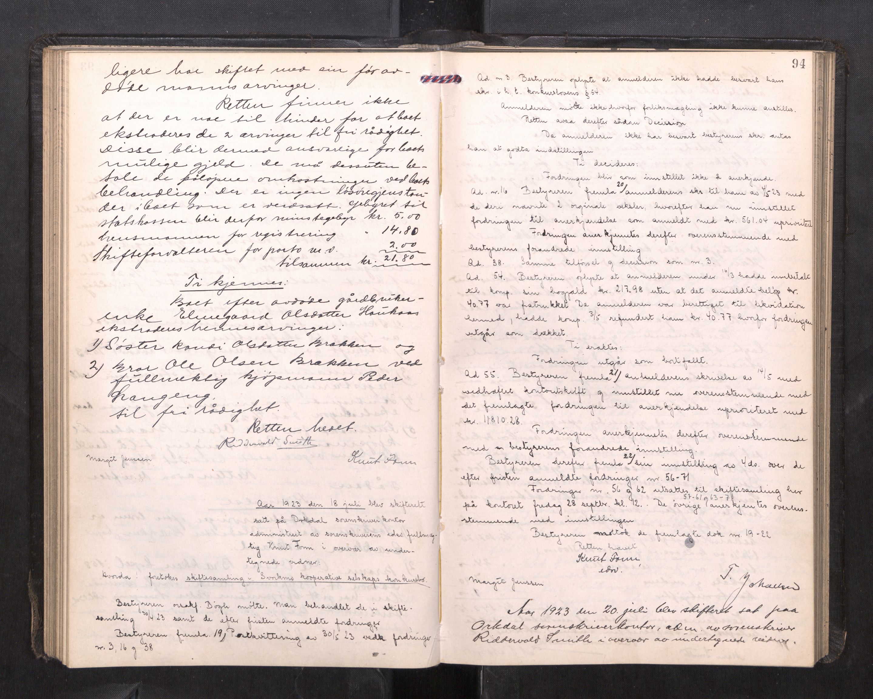 Orkdal sorenskriveri, AV/SAT-A-4169/1/3/3B/L0015: Skiftebehandlingsprotokoll, 1919-1927, s. 93b-94a