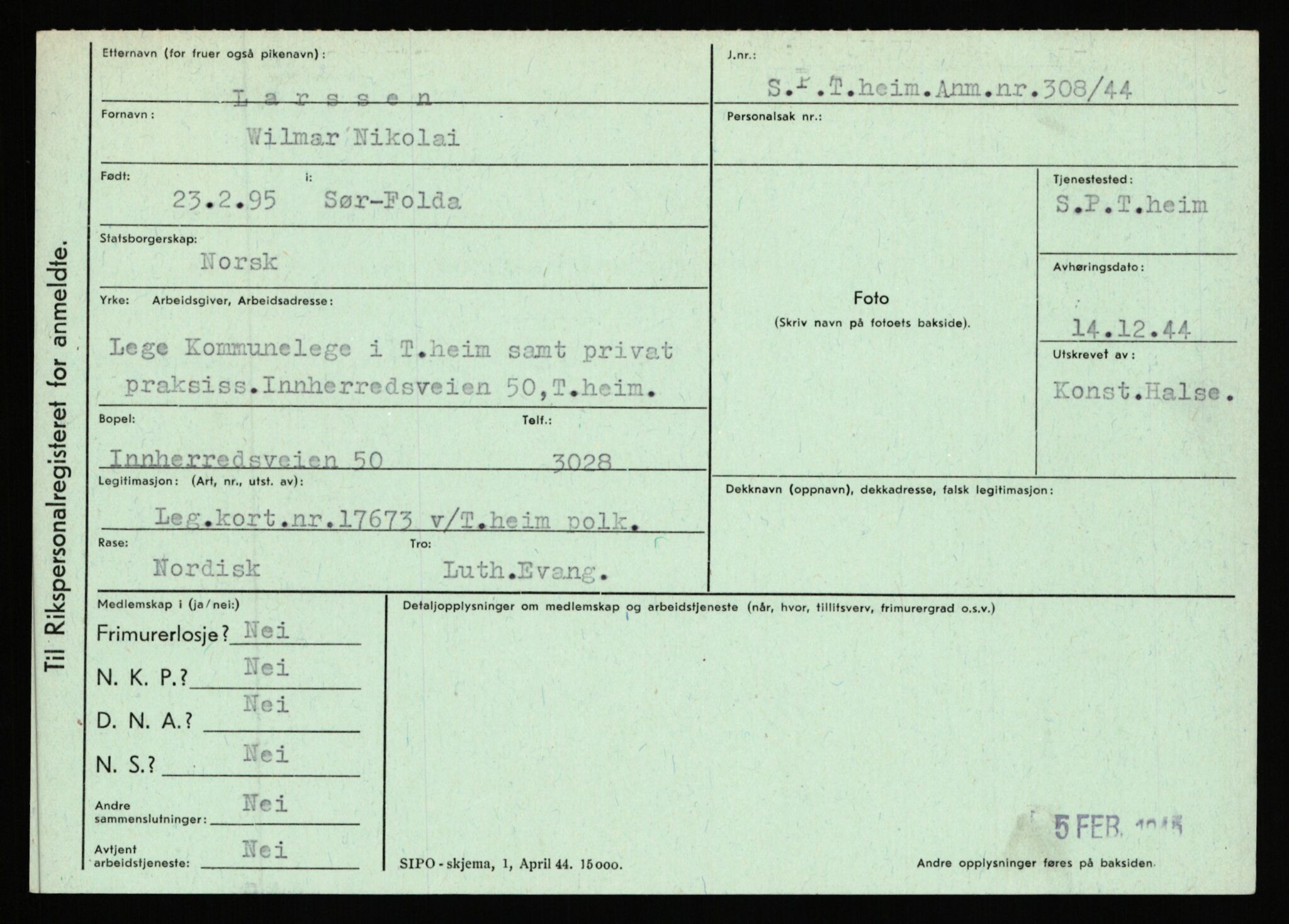 Statspolitiet - Hovedkontoret / Osloavdelingen, AV/RA-S-1329/C/Ca/L0009: Knutsen - Limstrand, 1943-1945, s. 3953