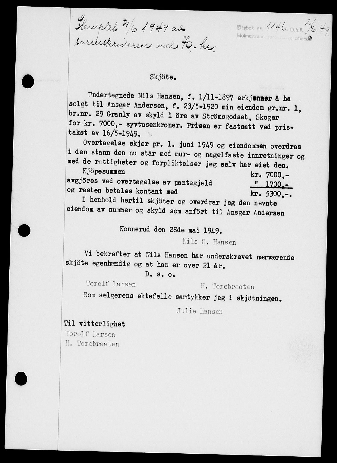 Holmestrand sorenskriveri, SAKO/A-67/G/Ga/Gaa/L0066: Pantebok nr. A-66, 1949-1949, Dagboknr: 1146/1949