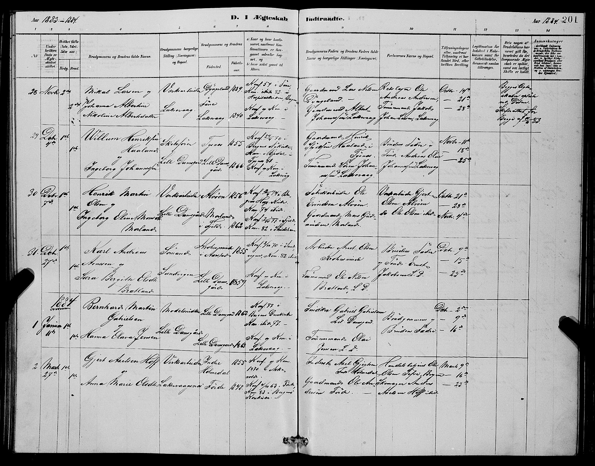 Laksevåg Sokneprestembete, AV/SAB-A-76501/H/Ha/Hab/Haba/L0002: Klokkerbok nr. A 2, 1877-1887, s. 201