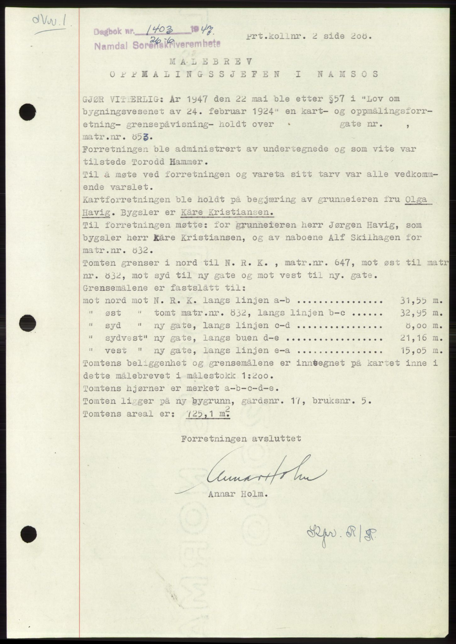 Namdal sorenskriveri, SAT/A-4133/1/2/2C: Pantebok nr. -, 1947-1947, Dagboknr: 1403/1947