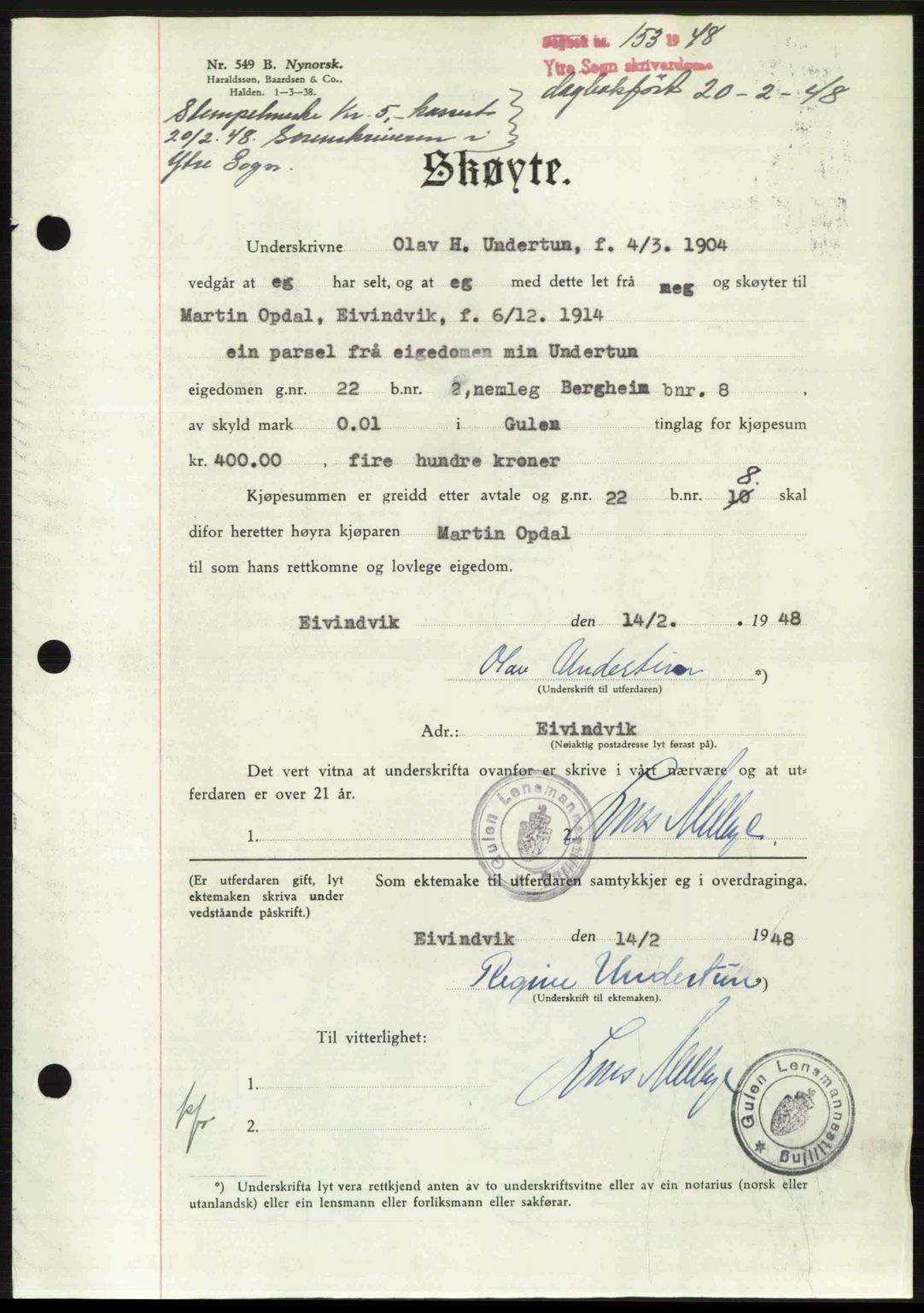 Ytre Sogn tingrett, SAB/A-2601/1/G/Gbb/L0005: Pantebok nr. A3 - A4 (B2), 1947-1948, Dagboknr: 153/1948