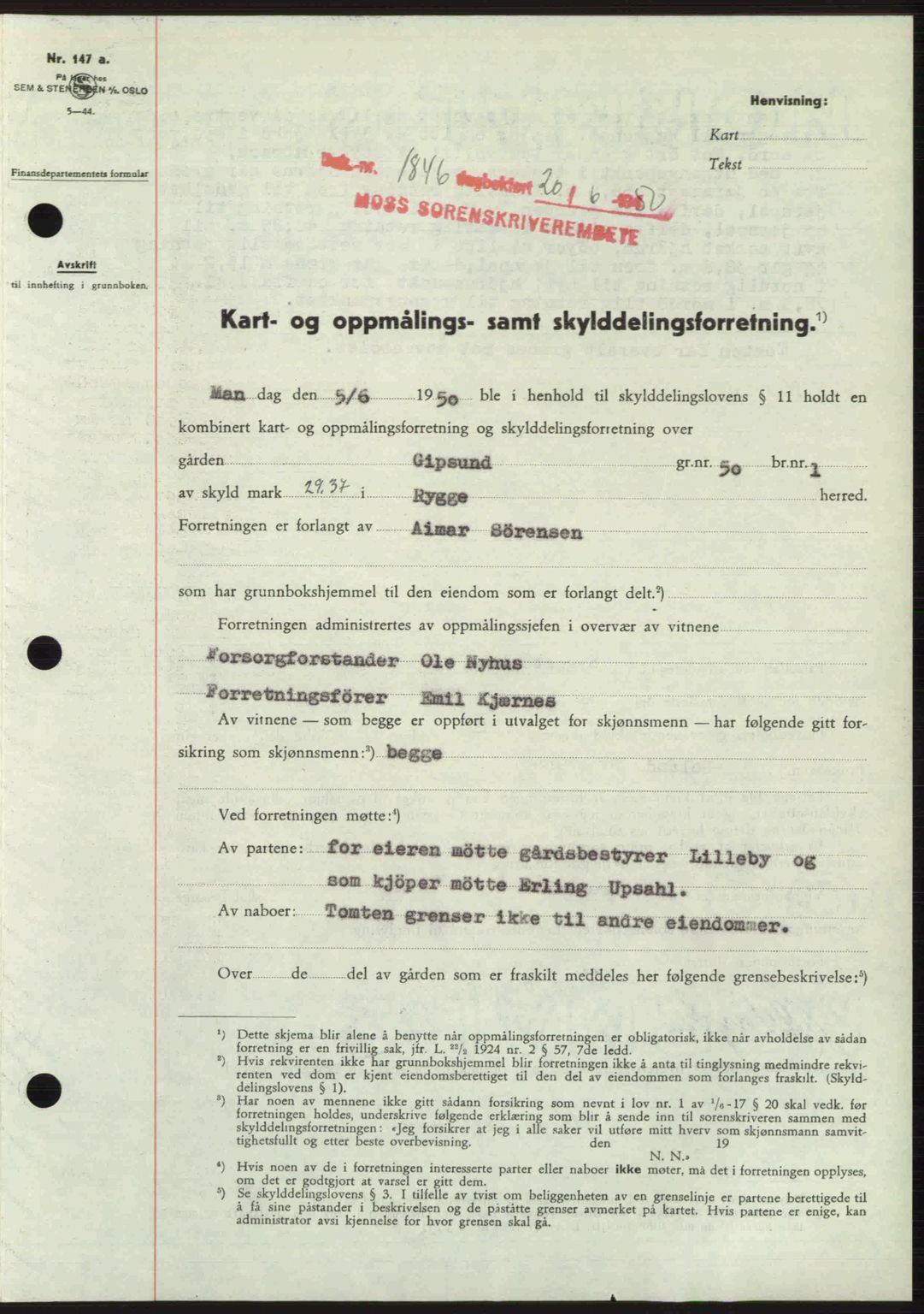 Moss sorenskriveri, AV/SAO-A-10168: Pantebok nr. A26, 1950-1950, Dagboknr: 1846/1950