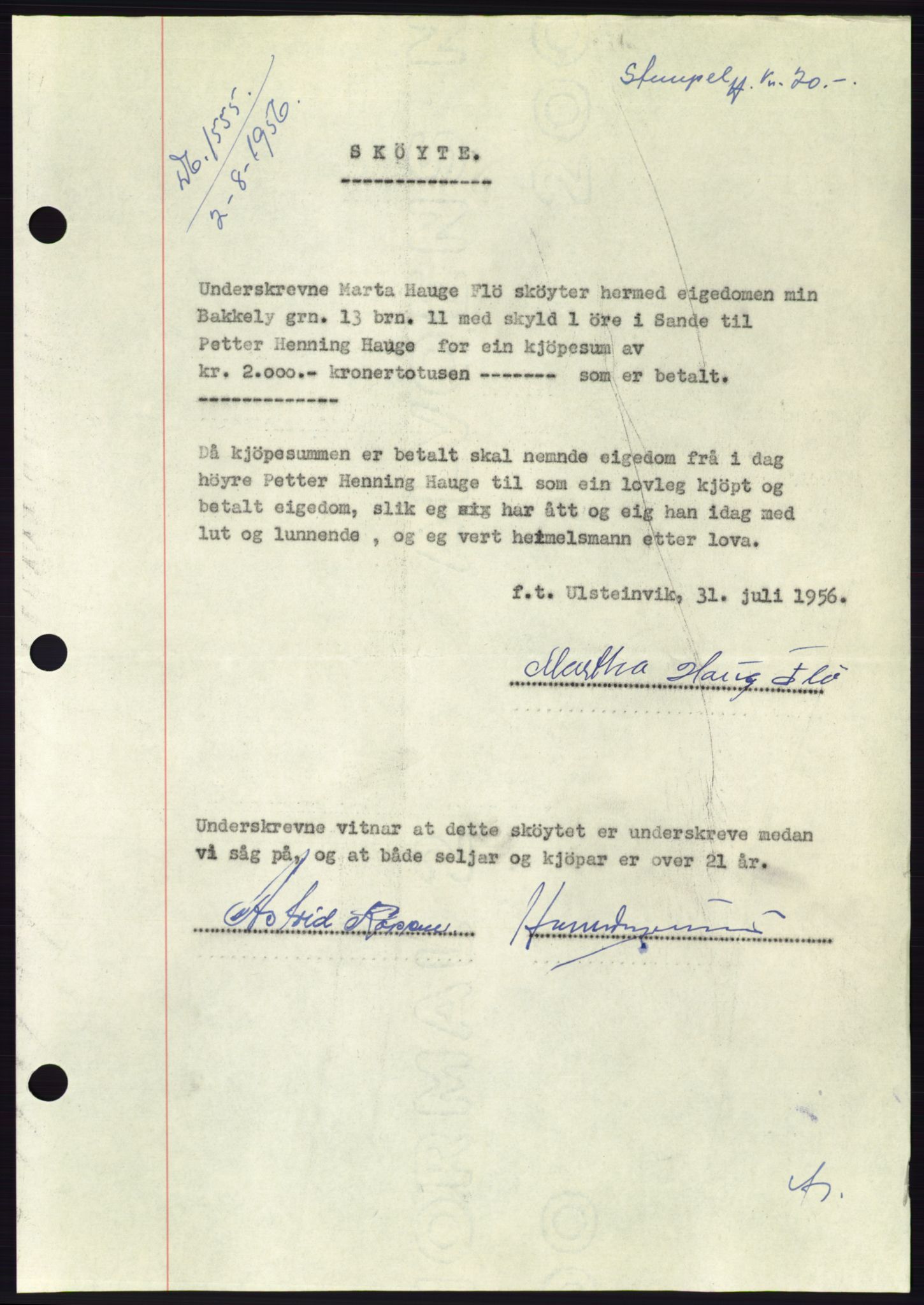 Søre Sunnmøre sorenskriveri, AV/SAT-A-4122/1/2/2C/L0104: Pantebok nr. 30A, 1956-1956, Dagboknr: 1555/1956