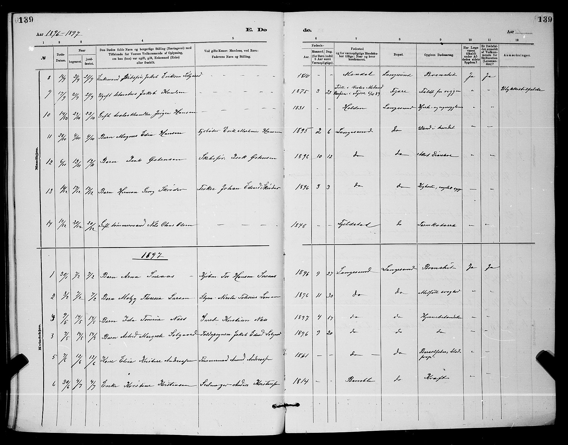 Langesund kirkebøker, AV/SAKO-A-280/G/Ga/L0005: Klokkerbok nr. 5, 1884-1898, s. 139