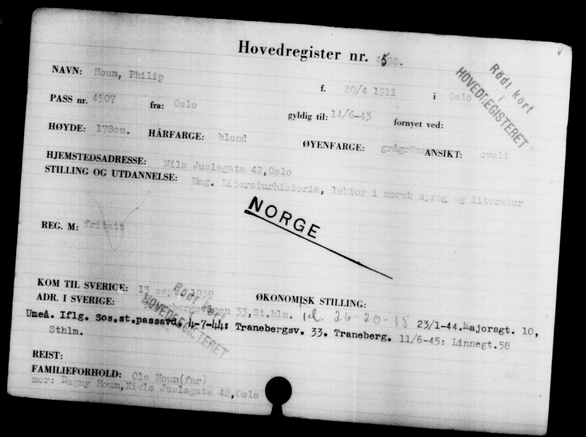 Utenriksstasjonene, Legasjonen i Stockholm, Flyktningkontoret, AV/RA-S-6753/V/Va/L0004: Kjesäterkartoteket, flyktninger med registreringsnr. 3496-6610, 1940-1945, s. 1307