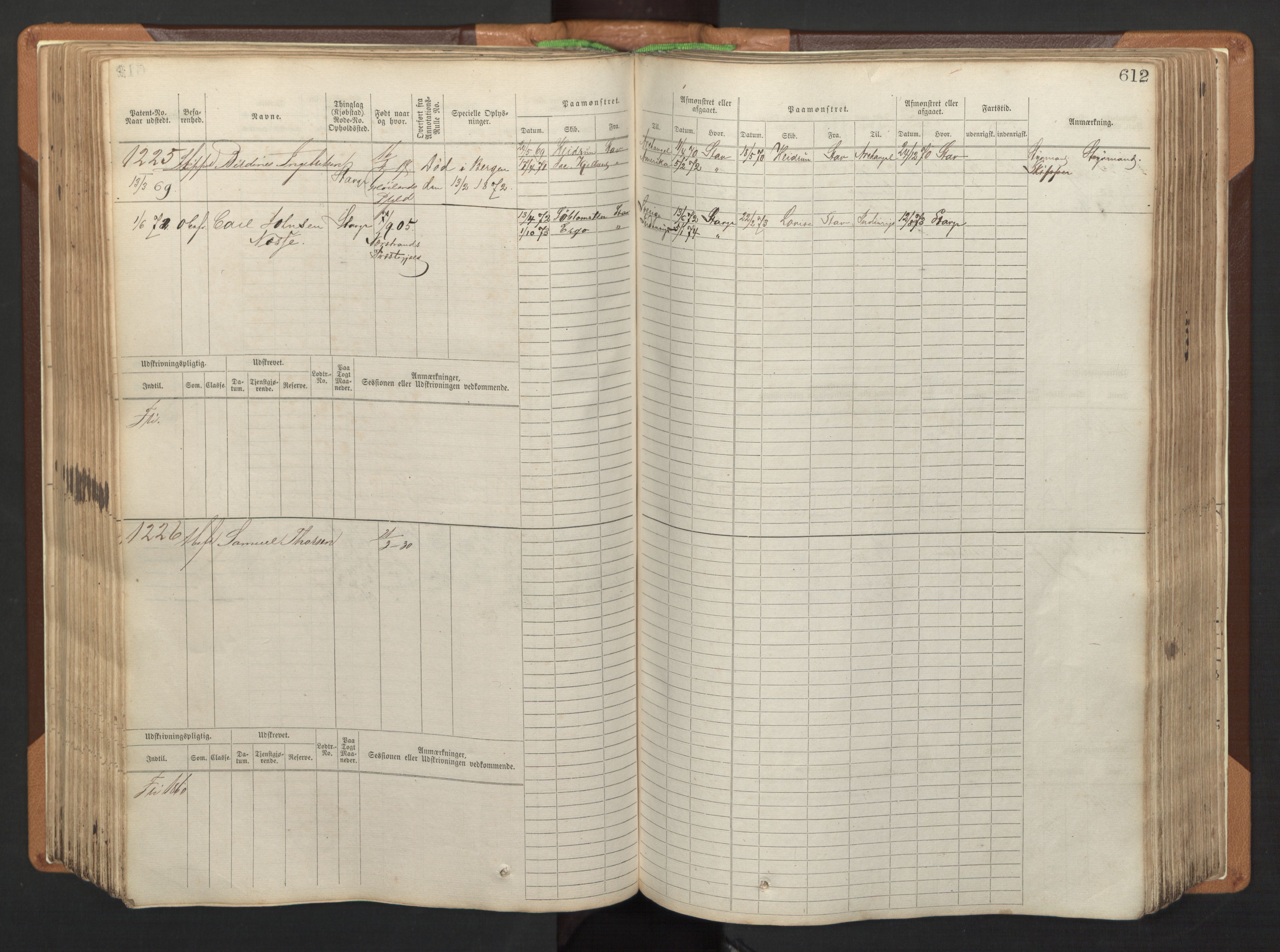 Stavanger sjømannskontor, AV/SAST-A-102006/F/Fb/Fbb/L0005: Sjøfartshovedrulle, patentnr. 793-1606 (del 2), 1869-1880, s. 222