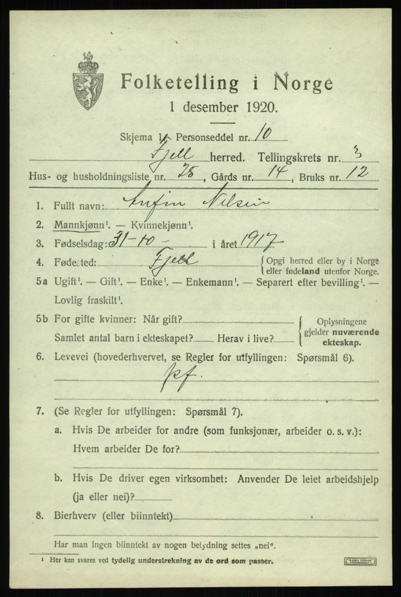 SAB, Folketelling 1920 for 1246 Fjell herred, 1920, s. 3320