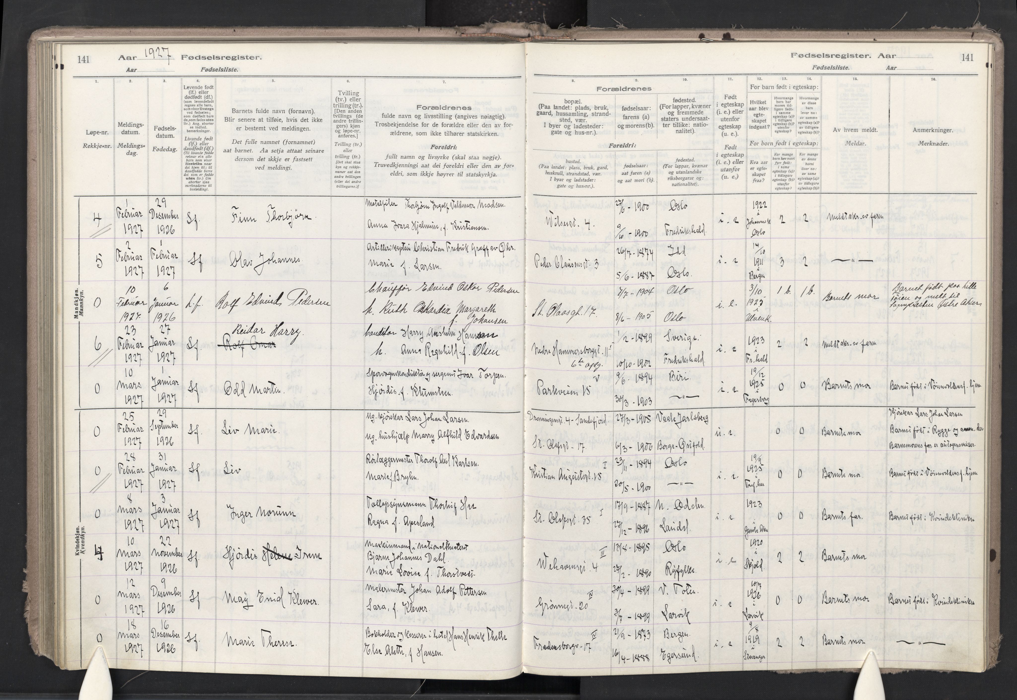 Trefoldighet prestekontor Kirkebøker, AV/SAO-A-10882/J/Ja/L0001: Fødselsregister nr. 1, 1916-1931, s. 141