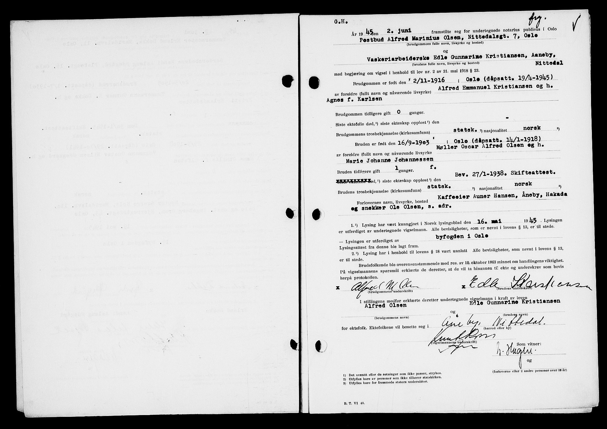 Oslo byfogd avd. I, SAO/A-10220/L/Lb/Lbb/L0054: Notarialprotokoll, rekke II: Vigsler, 1945