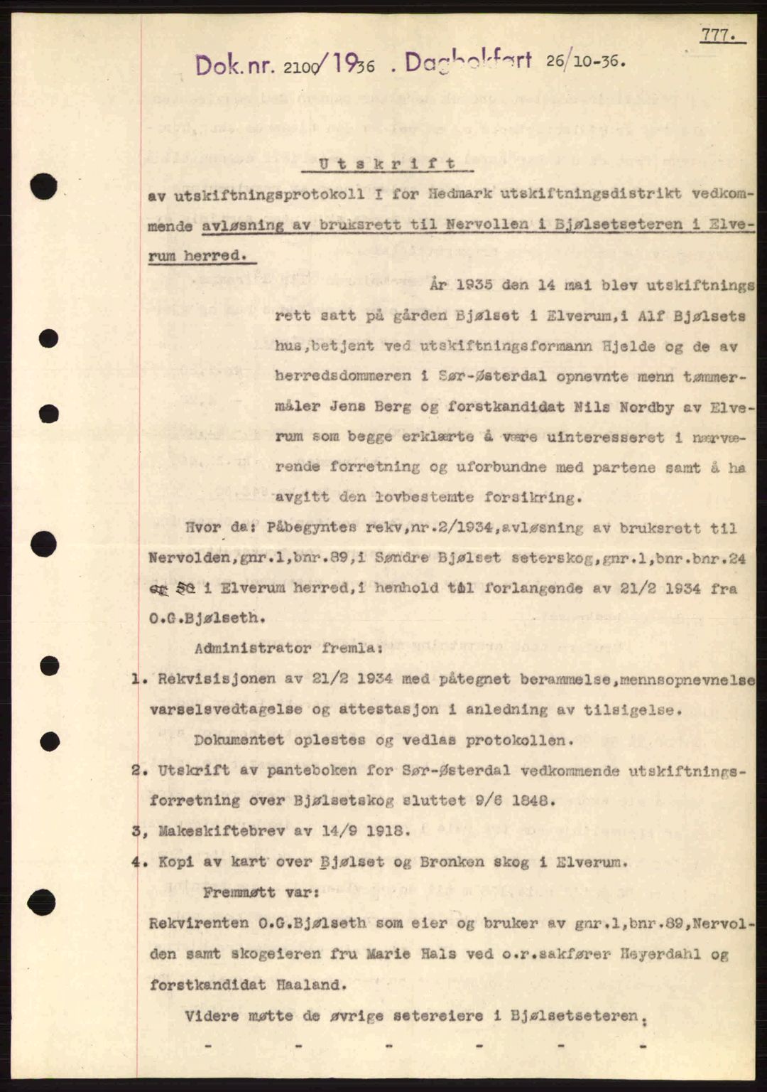 Sør-Østerdal sorenskriveri, SAH/TING-018/H/Hb/Hbb/L0054: Pantebok nr. A54, 1936-1936, Dagboknr: 2100/1936