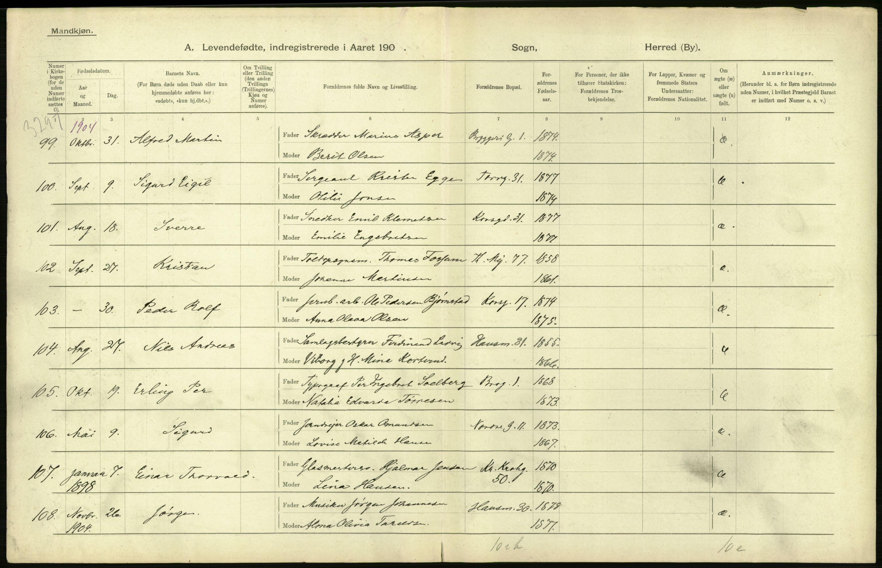 Statistisk sentralbyrå, Sosiodemografiske emner, Befolkning, AV/RA-S-2228/D/Df/Dfa/Dfab/L0003: Kristiania: Fødte, 1904, s. 32