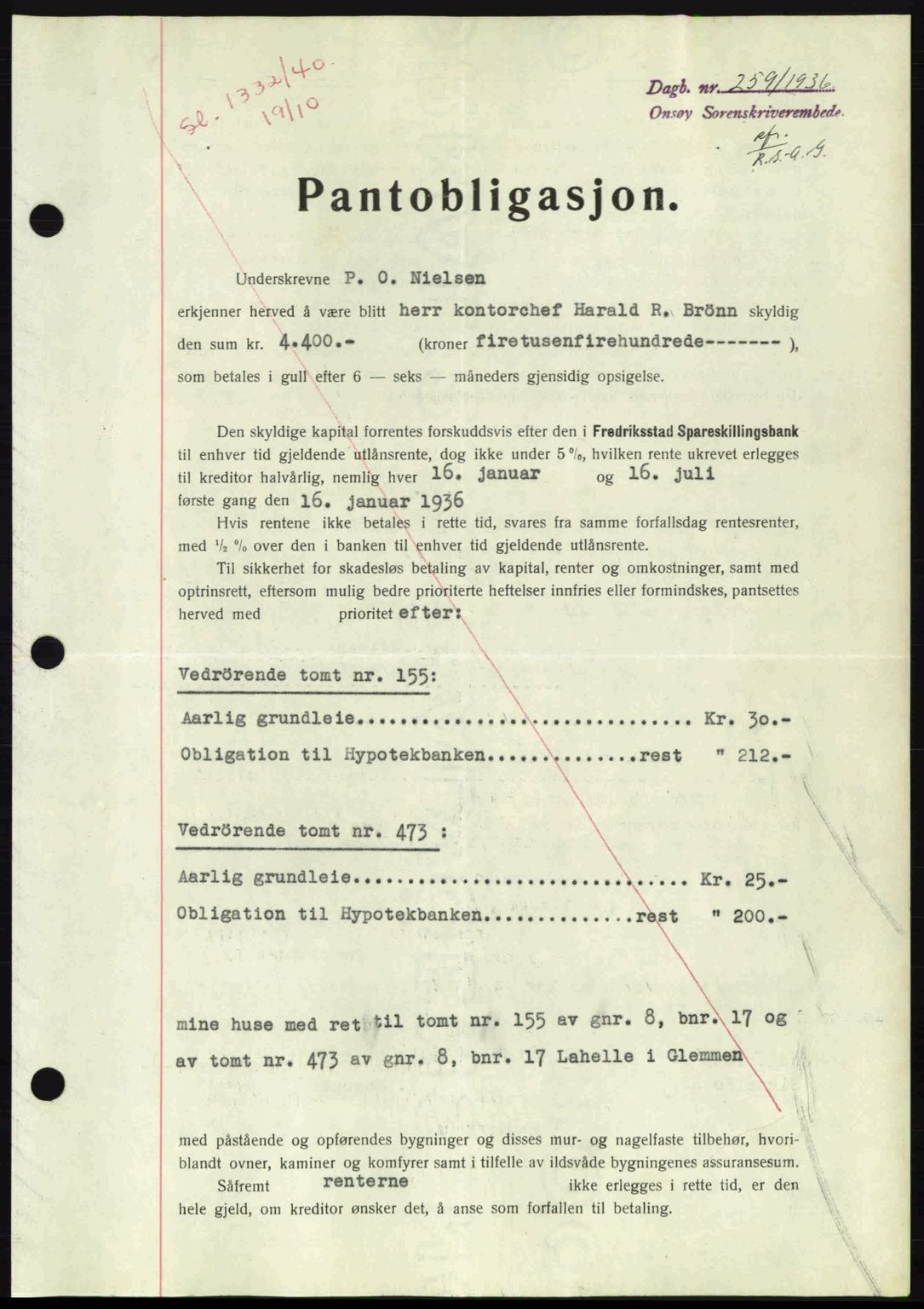 Onsøy sorenskriveri, SAO/A-10474/G/Ga/Gac/L0001: Pantebok nr. B1, 1936-1938, Dagboknr: 259/1936