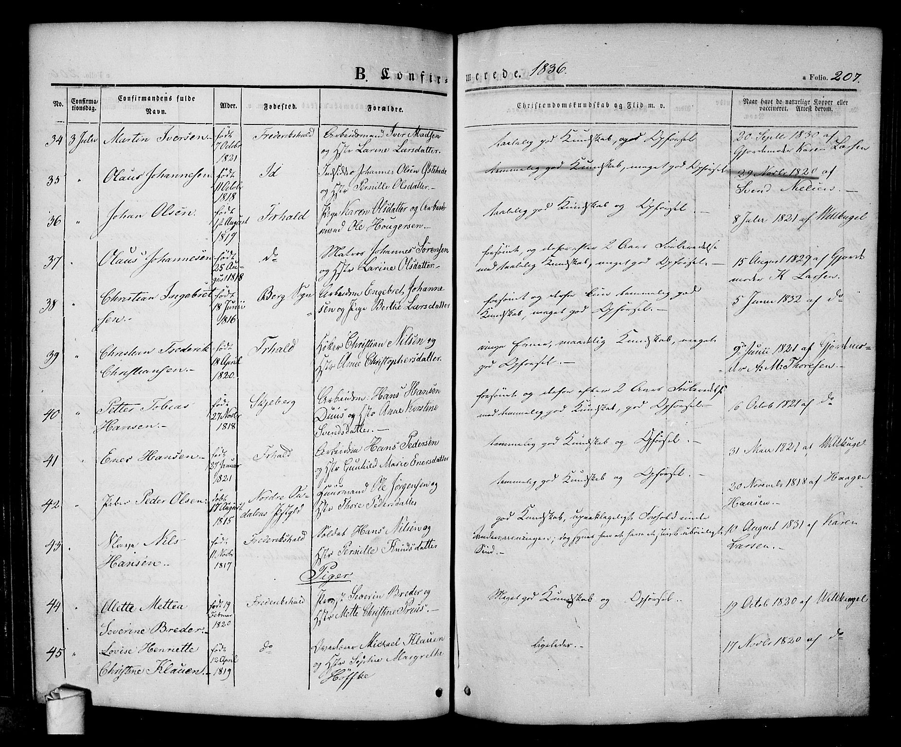 Halden prestekontor Kirkebøker, AV/SAO-A-10909/F/Fa/L0005: Ministerialbok nr. I 5, 1834-1845, s. 207