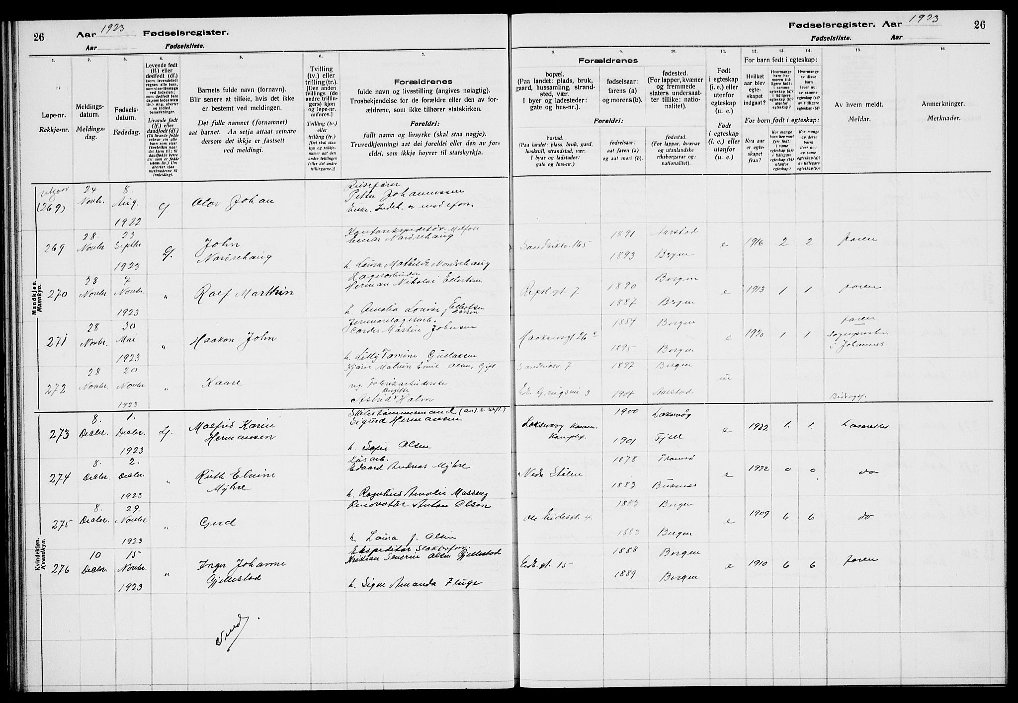 Sandviken Sokneprestembete, AV/SAB-A-77601/I/Ib/L00A3: Fødselsregister nr. A 3, 1923-1926, s. 26
