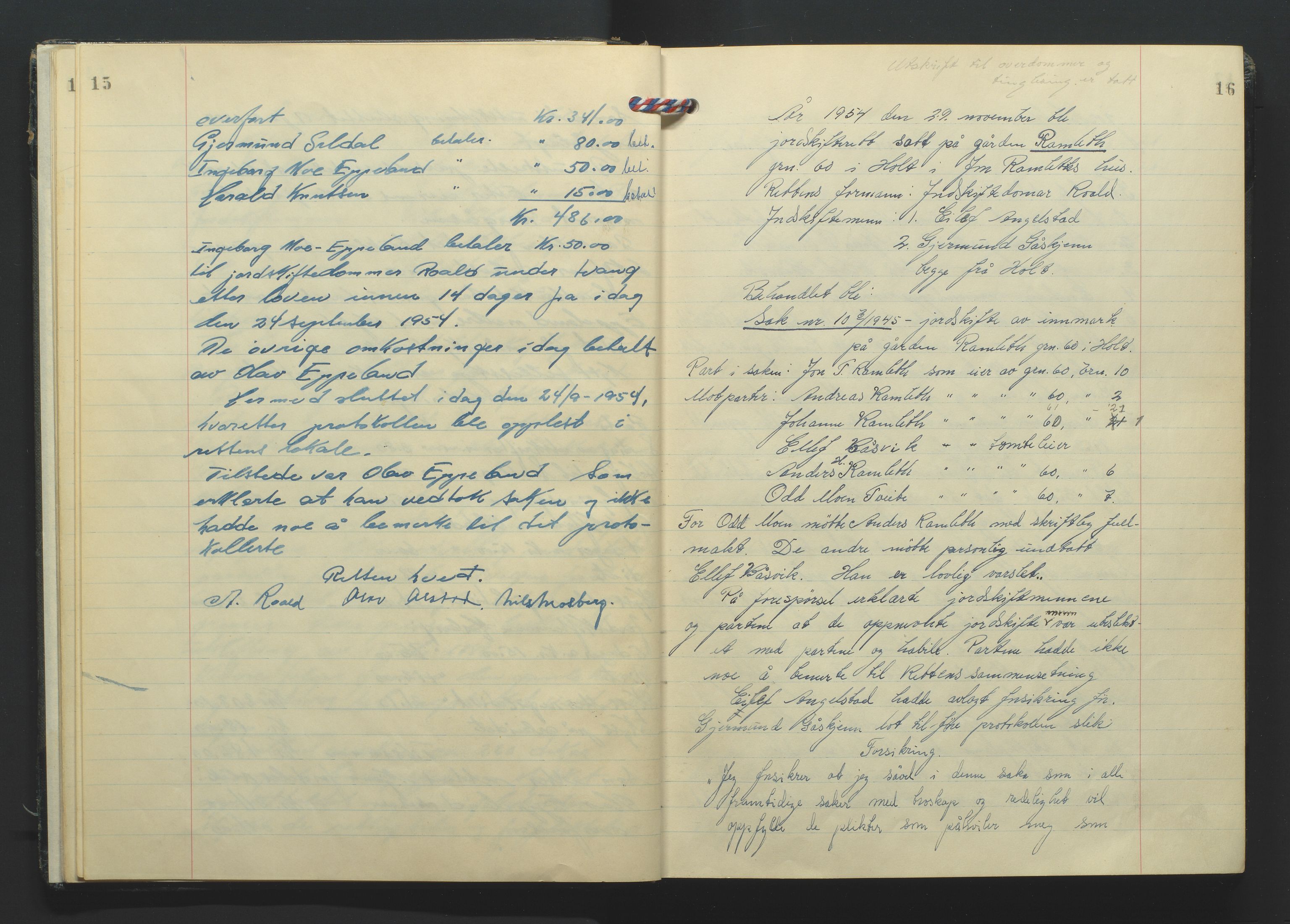 Nedenes jordskifterett, AV/SAK-1541-0007/F/Fa/Faa/L0003: Jordskifteprotokoll med gårdsregister, Holt domssokn nr 16, 1954-1959, s. 15-16