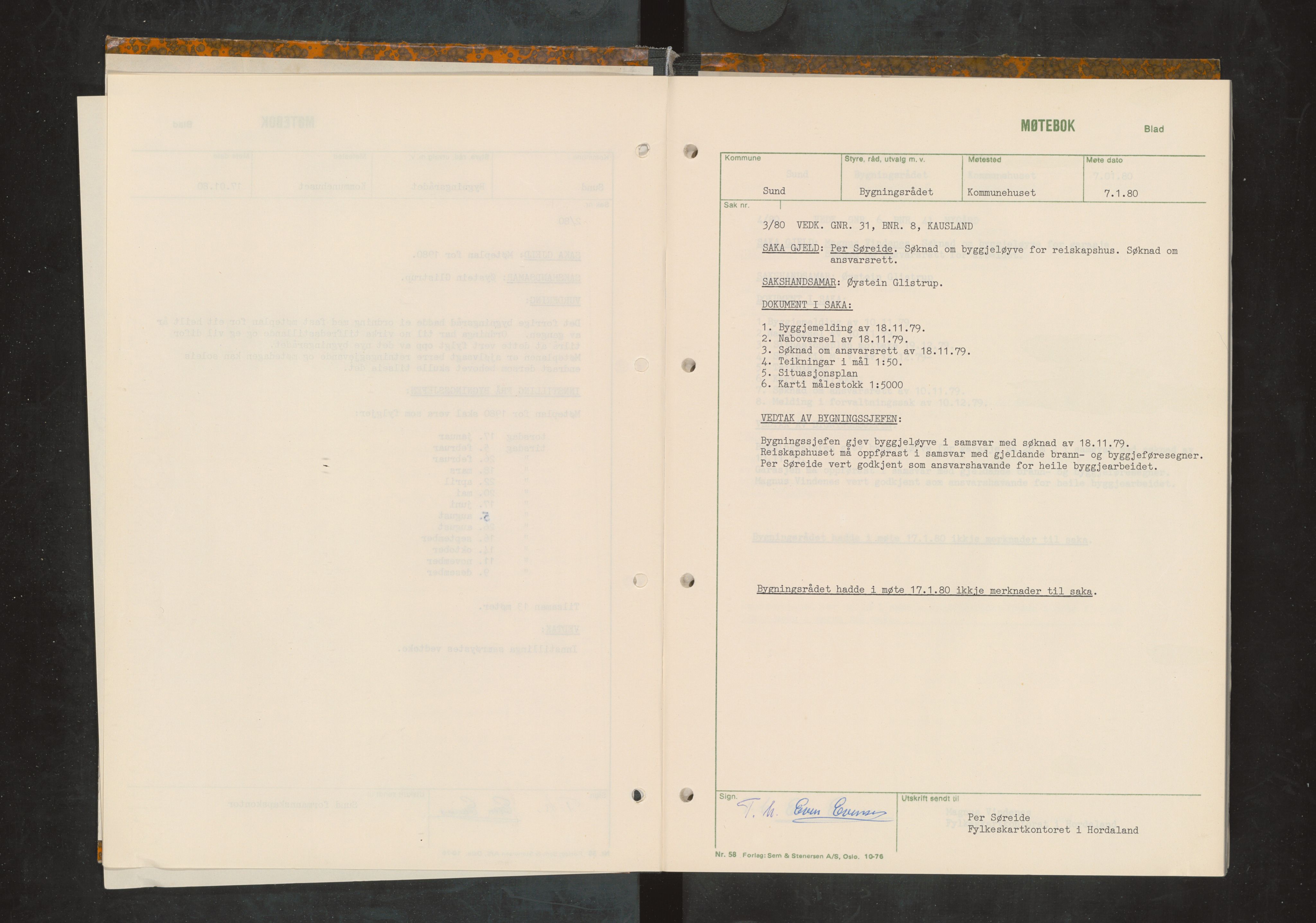 Sund kommune. Bygningsrådet, IKAH/1245-511/A/Aa/L0010: Møtebok for Sund bygningsråd, 1980