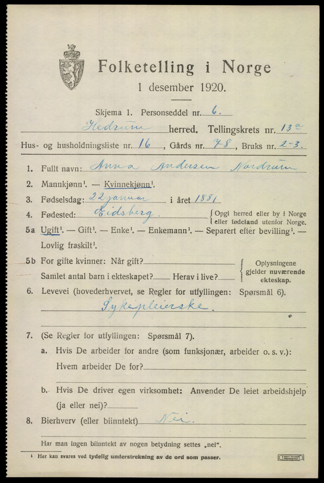 SAKO, Folketelling 1920 for 0727 Hedrum herred, 1920, s. 8809