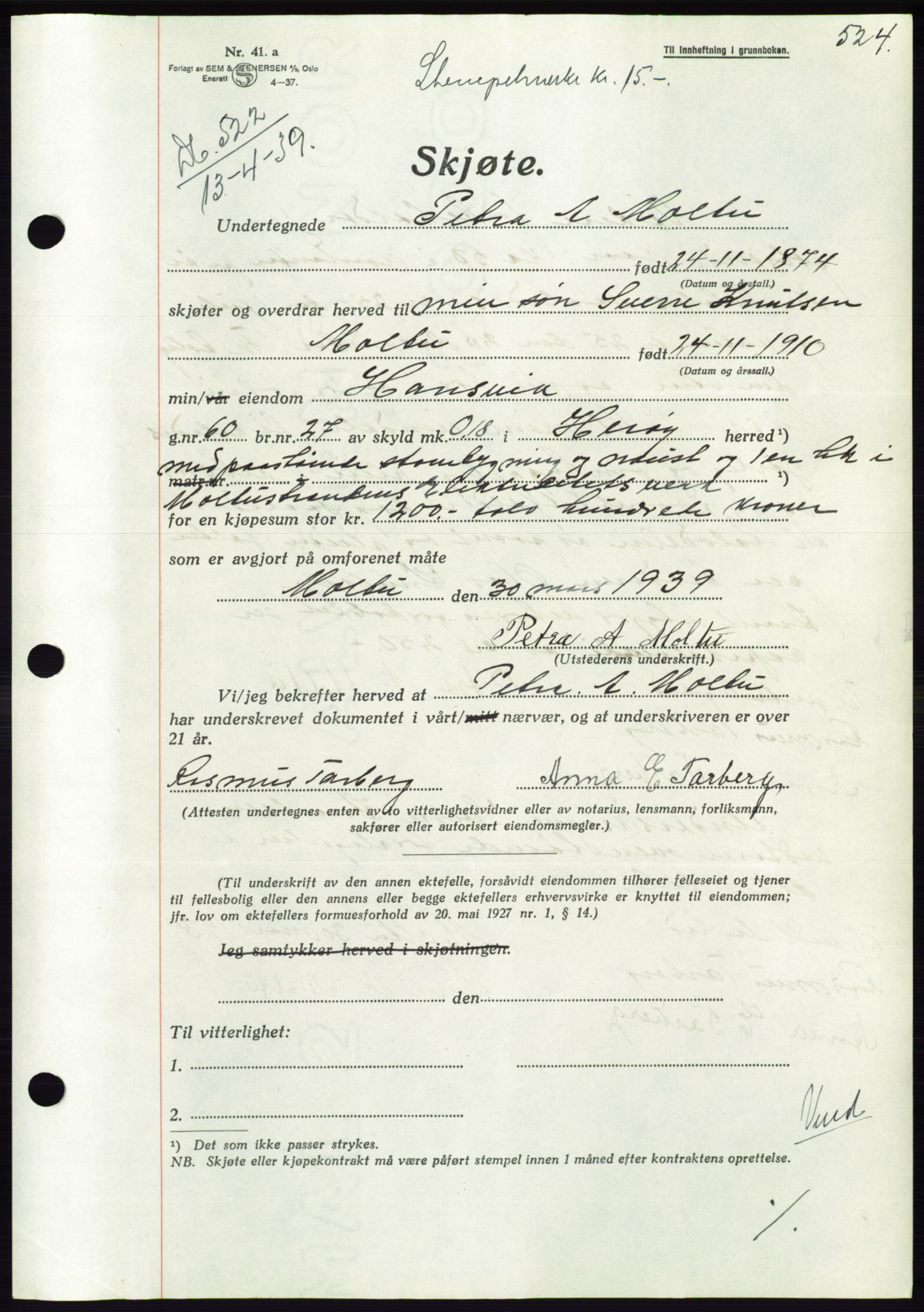 Søre Sunnmøre sorenskriveri, AV/SAT-A-4122/1/2/2C/L0067: Pantebok nr. 61, 1938-1939, Dagboknr: 522/1939