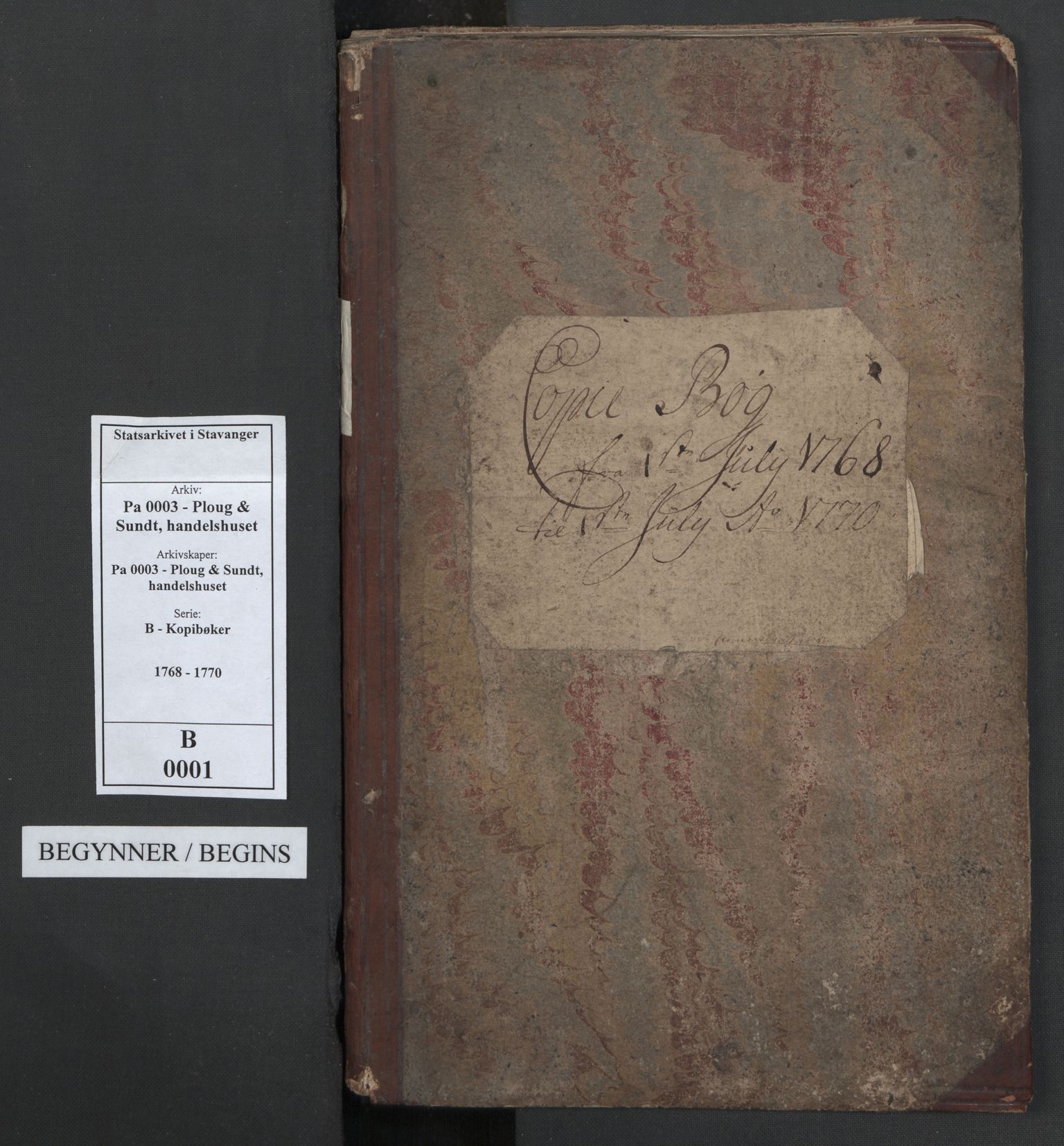 Pa 0003 - Ploug & Sundt, handelshuset, AV/SAST-A-100109/B/L0001: Kopibok, 1768-1770, s. 1