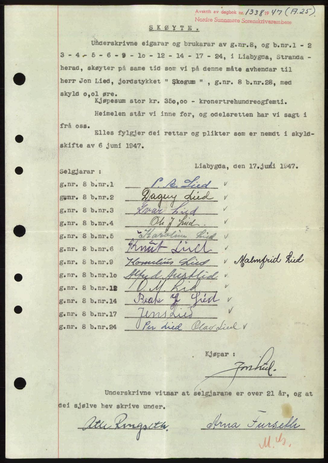 Nordre Sunnmøre sorenskriveri, AV/SAT-A-0006/1/2/2C/2Ca: Pantebok nr. A25, 1947-1947, Dagboknr: 1338/1947