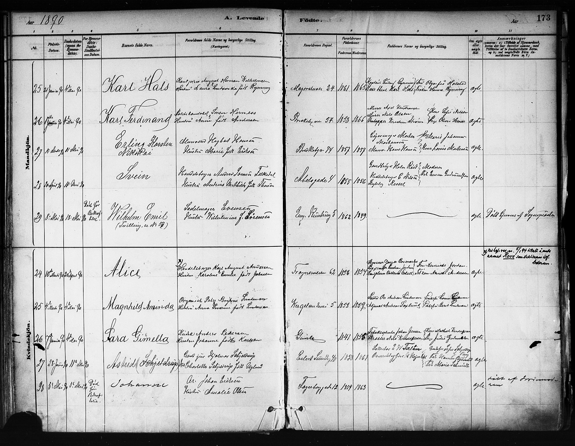Uranienborg prestekontor Kirkebøker, AV/SAO-A-10877/F/Fa/L0001: Ministerialbok nr. 1, 1880-1895, s. 173