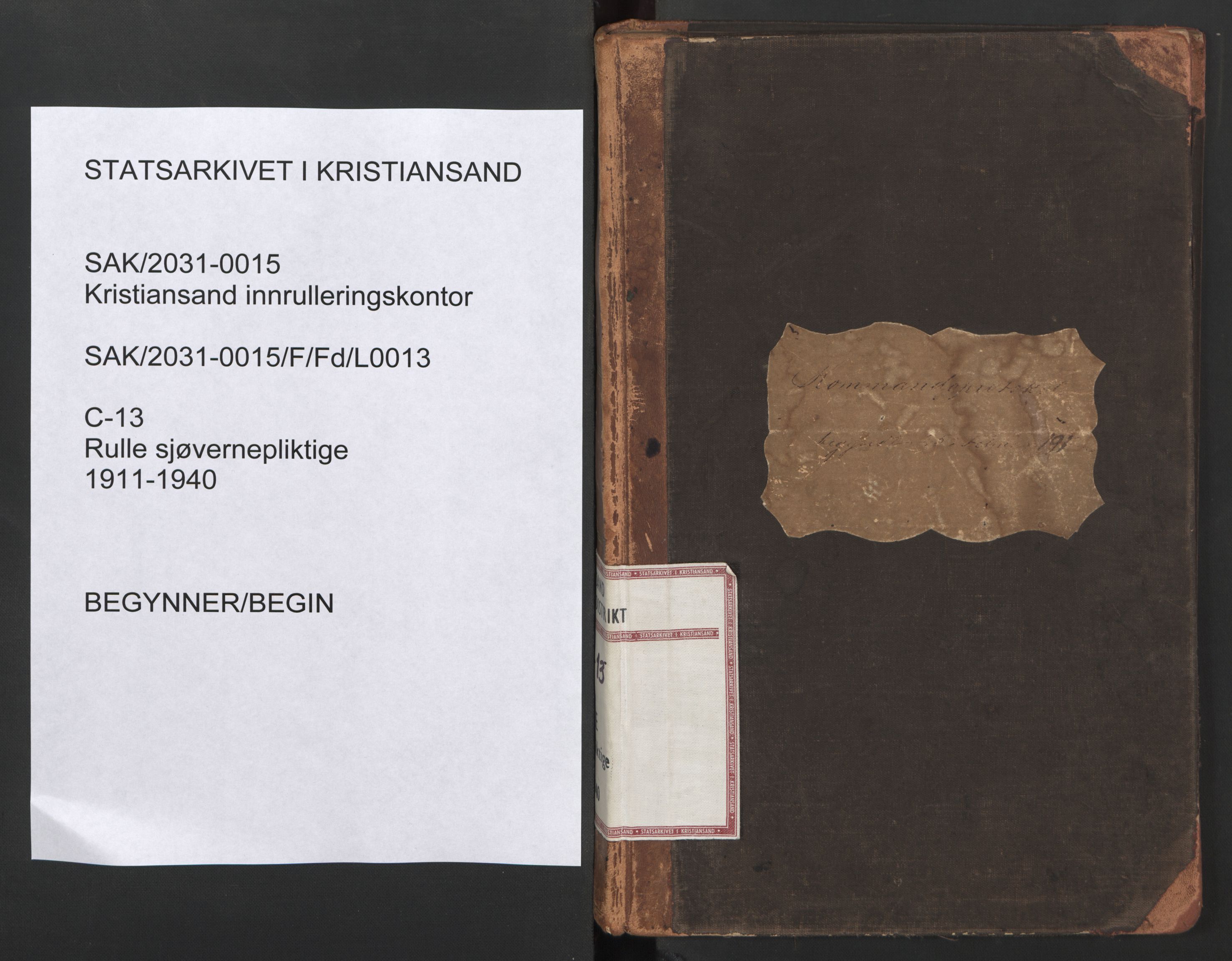 Kristiansand mønstringskrets, SAK/2031-0015/F/Fd/L0013: Rulle sjøvernepliktige, C-13, 1911-1940, s. 1