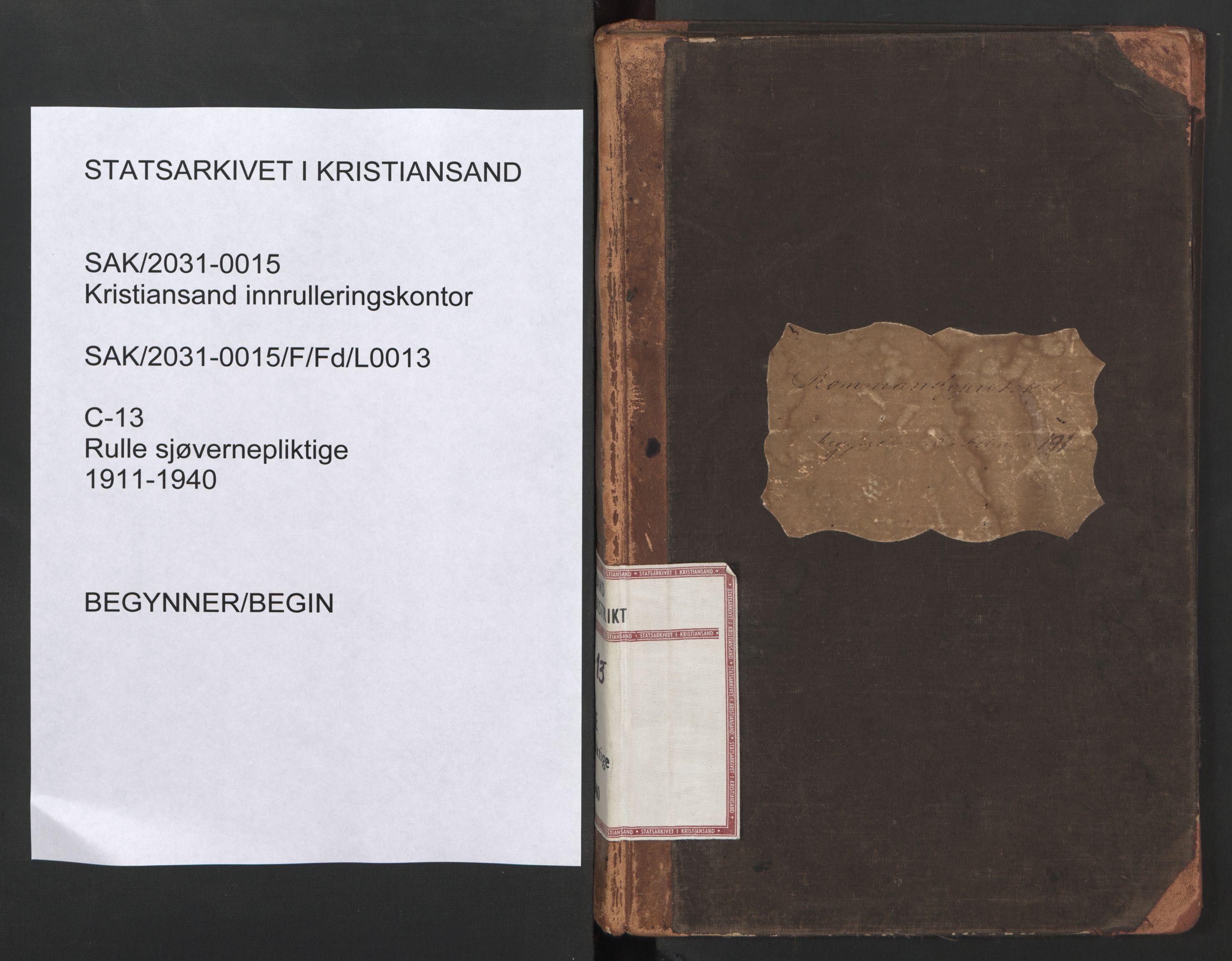 Kristiansand mønstringskrets, AV/SAK-2031-0015/F/Fd/L0013: Rulle sjøvernepliktige, C-13, 1911-1940, s. 1